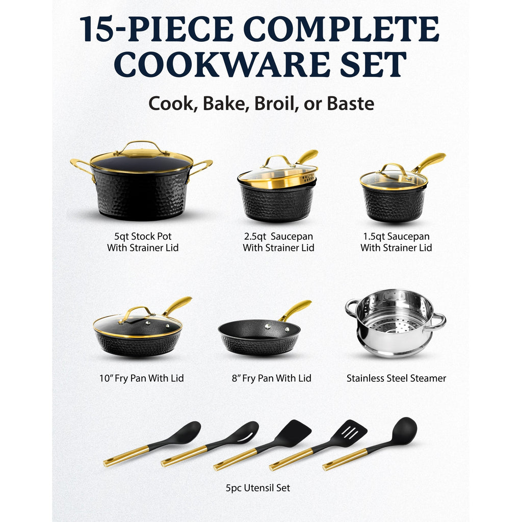 Batterie de cuisine antiadhésive martelée Granitestone Charleston 15 pièces