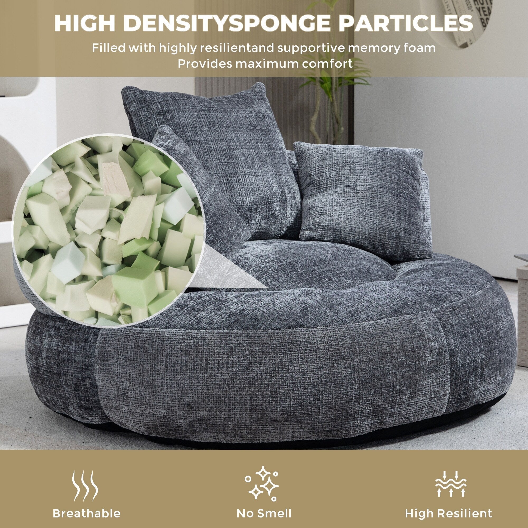 Canapé poire simple gris surdimensionné en chenille de 42,52 pouces avec trois oreillers pour chambre à coucher