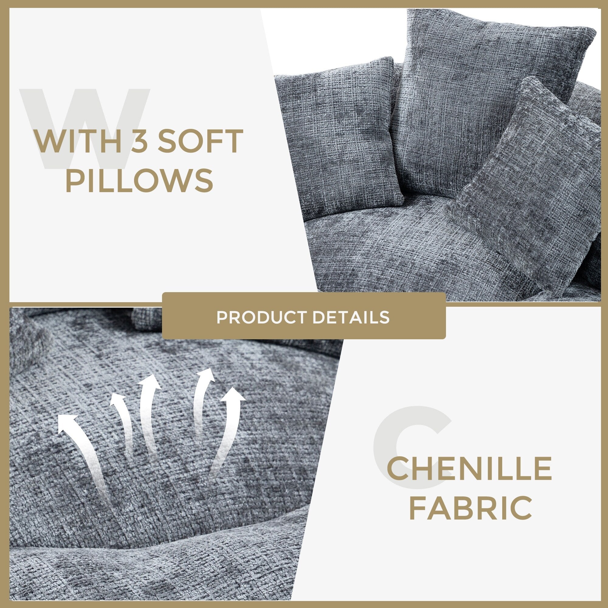 Canapé poire simple gris surdimensionné en chenille de 42,52 pouces avec trois oreillers pour chambre à coucher