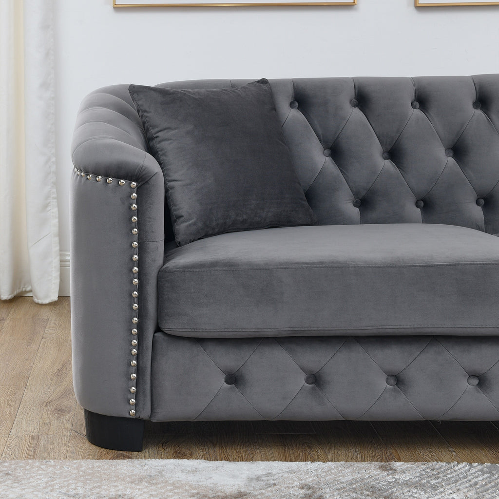 Canapé 2 places en velours gris moderne de 59 po avec dossier capitonné et accoudoirs cloutés