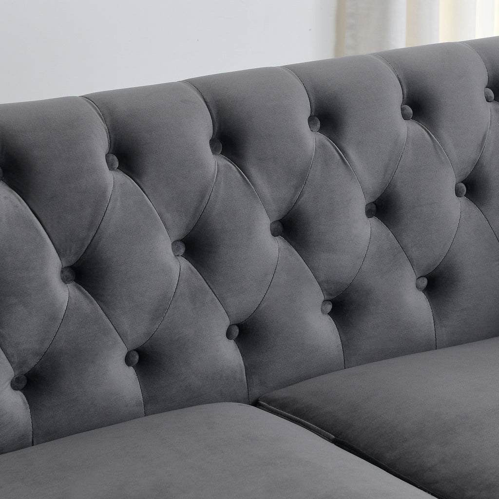 Canapé 2 places en velours gris moderne de 59 po avec dossier capitonné et accoudoirs cloutés