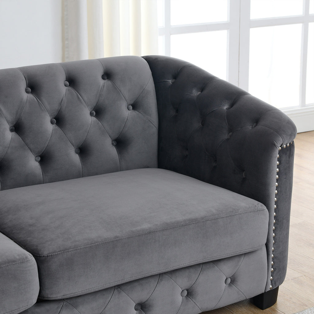 Canapé 2 places en velours gris moderne de 59 po avec dossier capitonné et accoudoirs cloutés