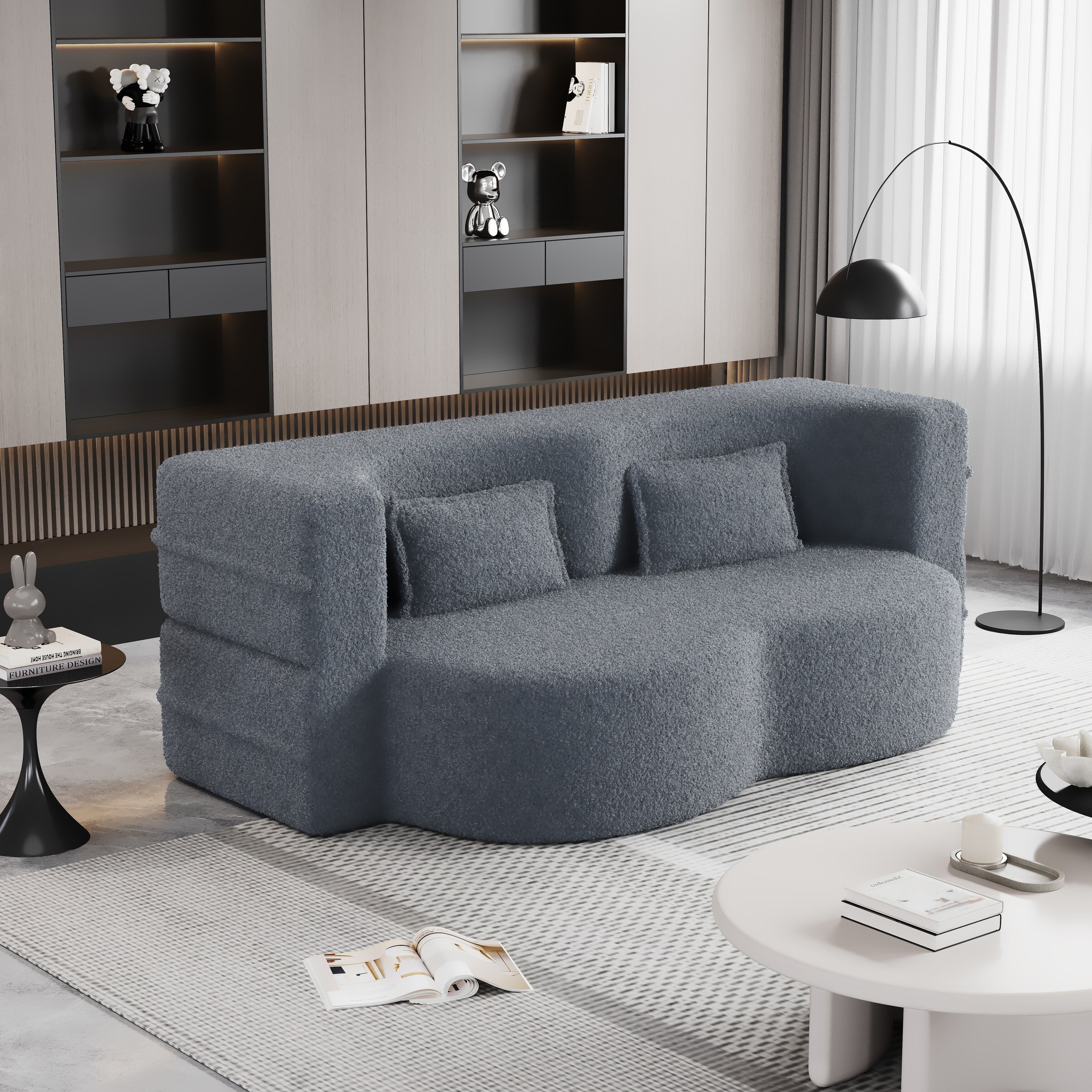 Canapé-lit convertible en tissu Teddy gris 78 pouces, garni de mousse, avec 2 oreillers et matelas pliant pour le salon