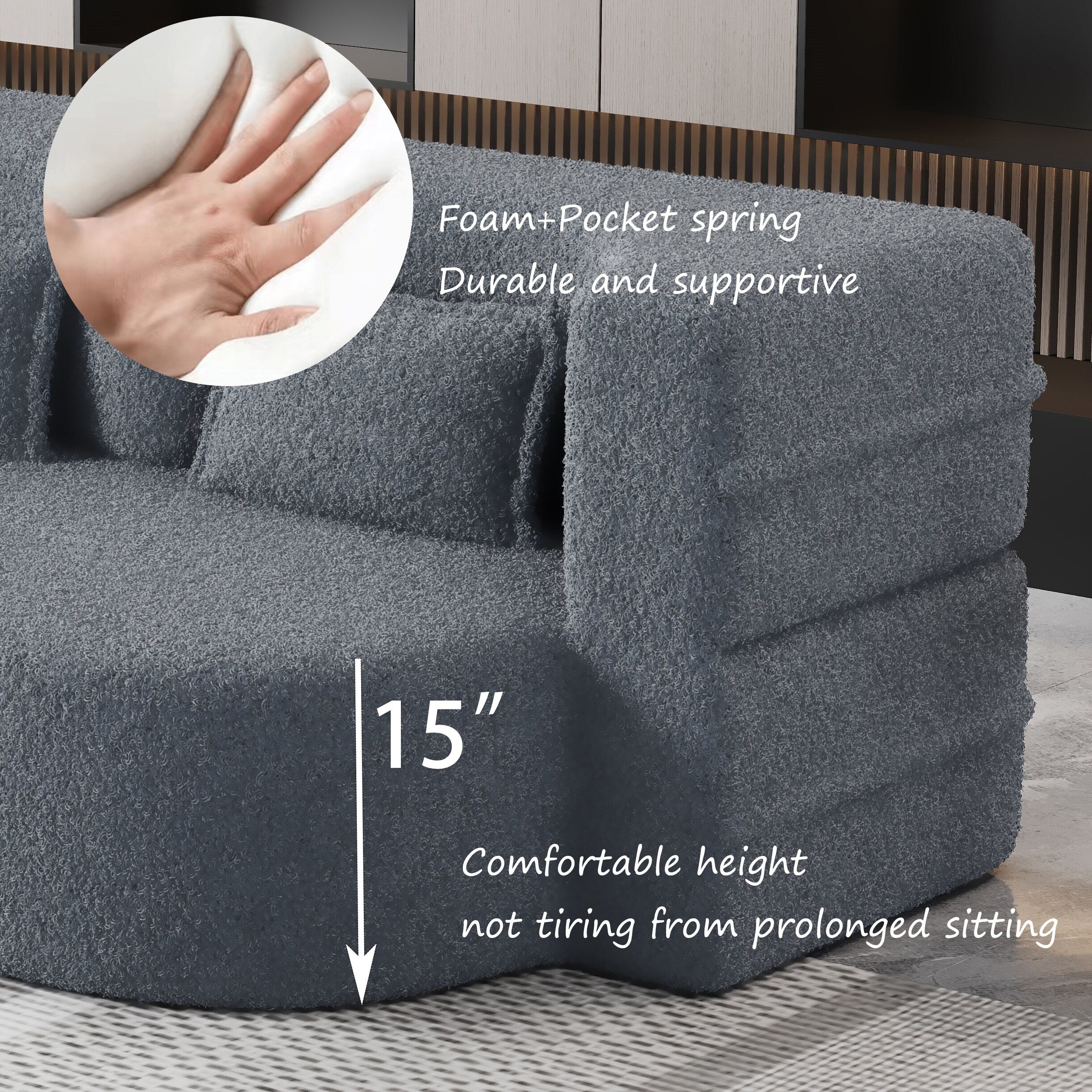 Canapé-lit convertible en tissu Teddy gris 78 pouces, garni de mousse, avec 2 oreillers et matelas pliant pour le salon