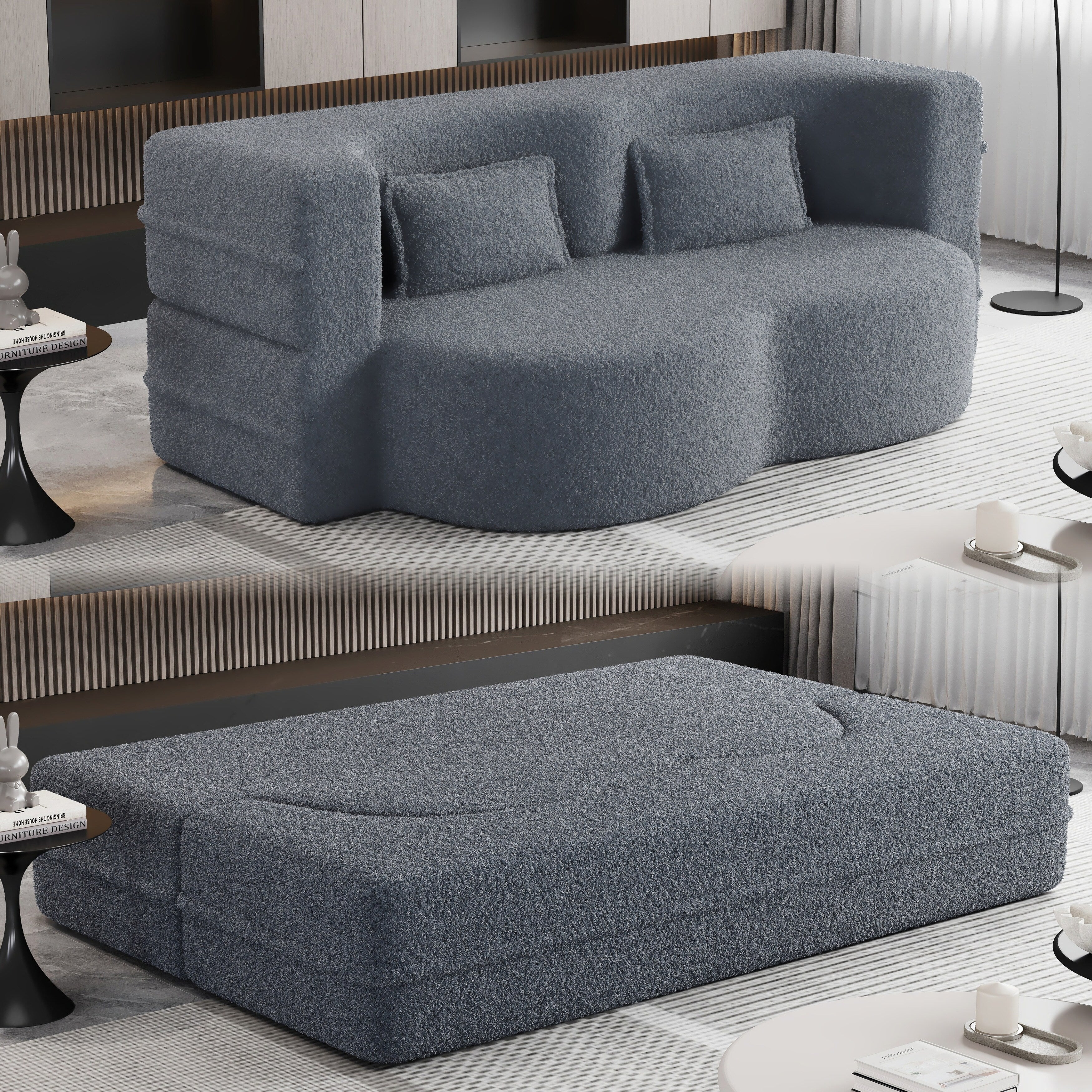 Canapé-lit convertible en tissu Teddy gris 78 pouces, garni de mousse, avec 2 oreillers et matelas pliant pour le salon