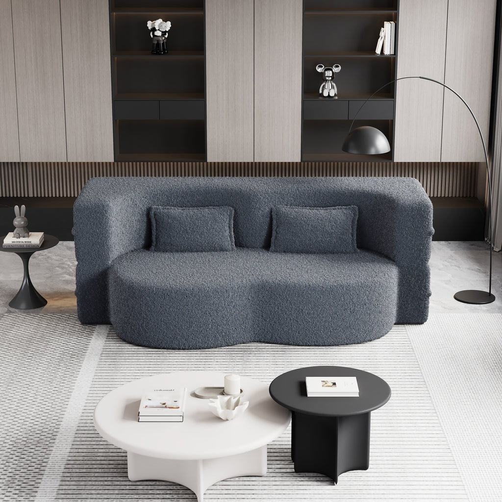 Canapé-lit convertible en tissu Teddy gris 78 pouces, garni de mousse, avec 2 oreillers et matelas pliant pour le salon