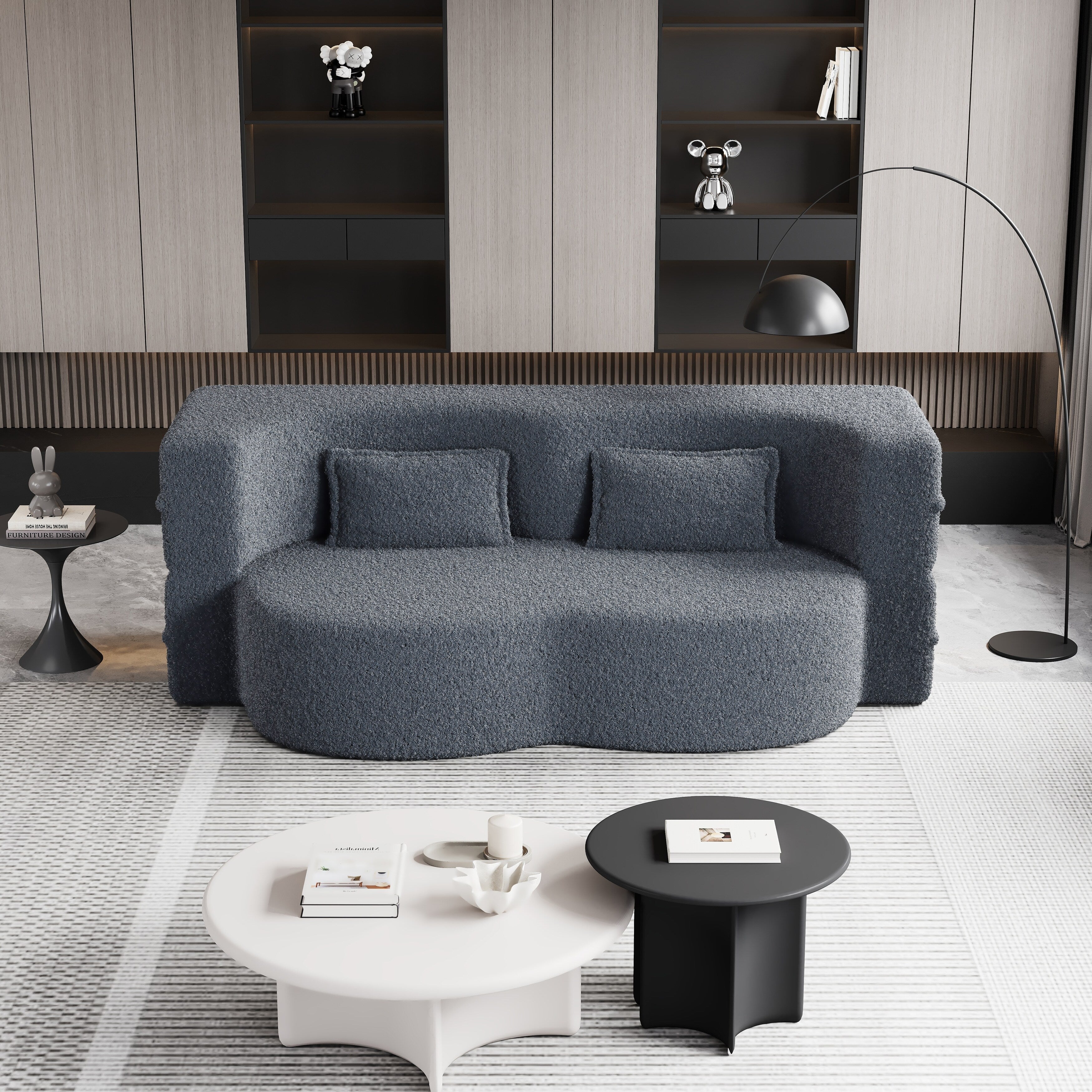 Canapé-lit convertible en tissu Teddy gris 78 pouces, garni de mousse, avec 2 oreillers et matelas pliant pour le salon
