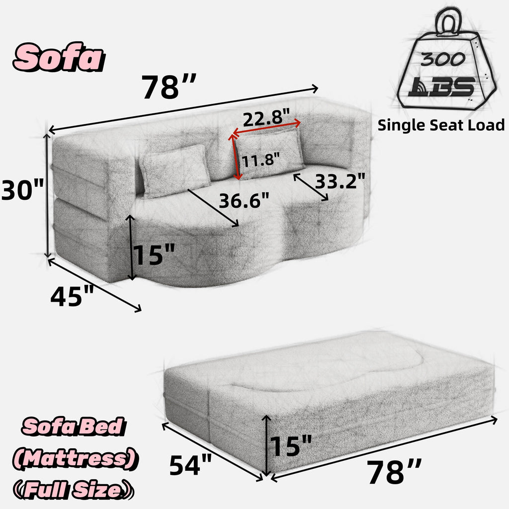 Canapé-lit convertible en tissu Teddy gris 78 pouces, garni de mousse, avec 2 oreillers et matelas pliant pour le salon