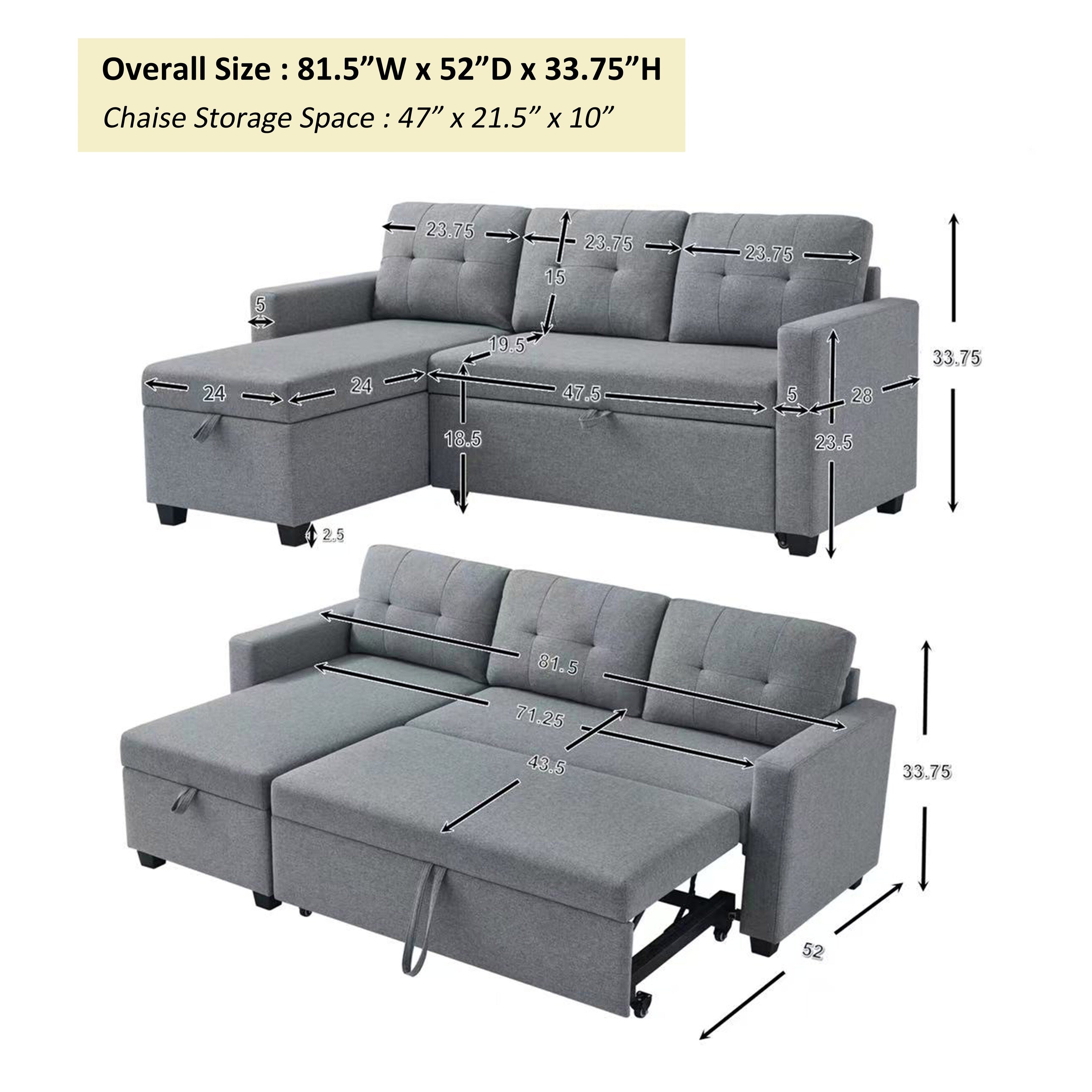 Canapé-lit convertible en lin gris de 81,5 po avec méridienne de rangement réversible