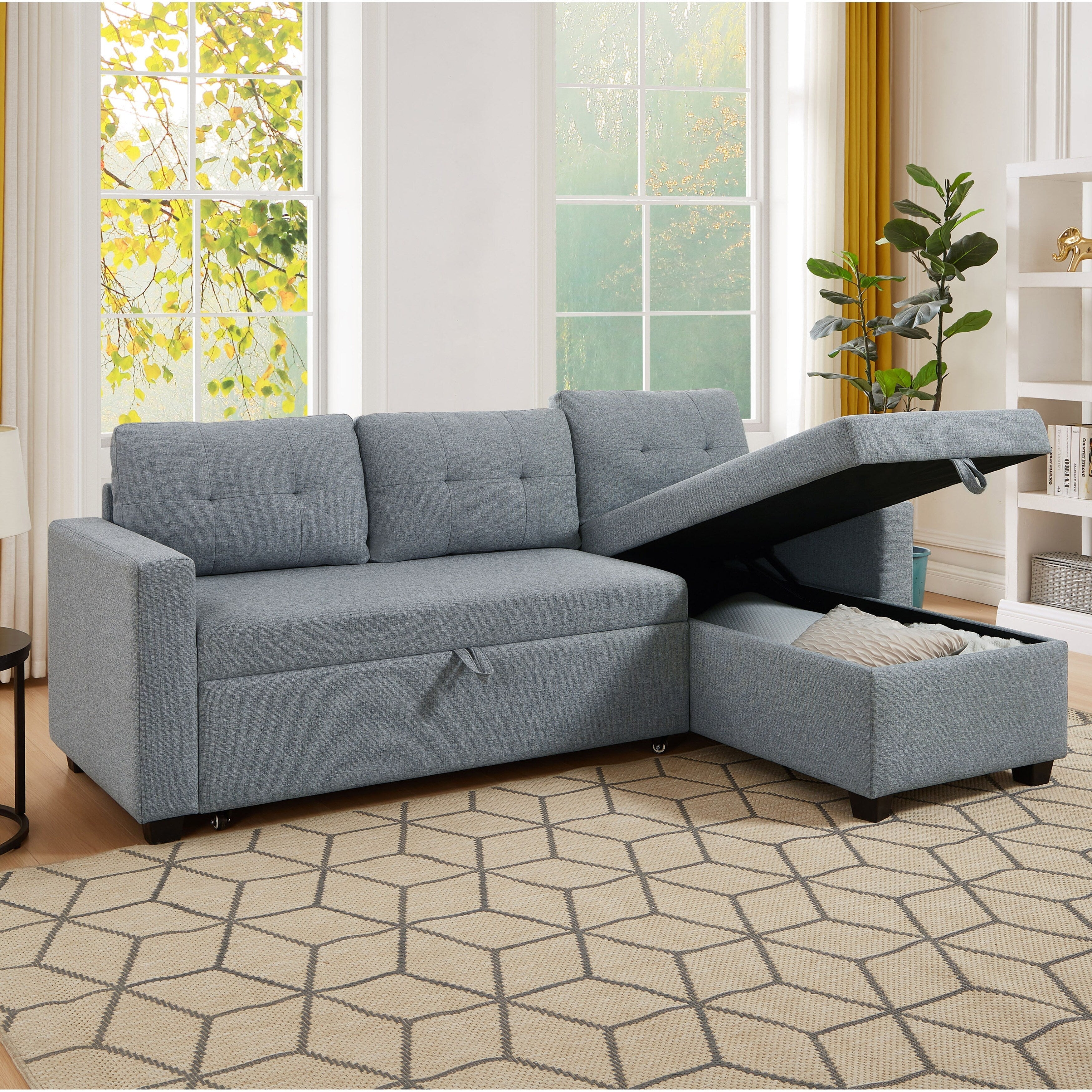 Canapé-lit convertible en lin gris de 81,5 po avec méridienne de rangement réversible