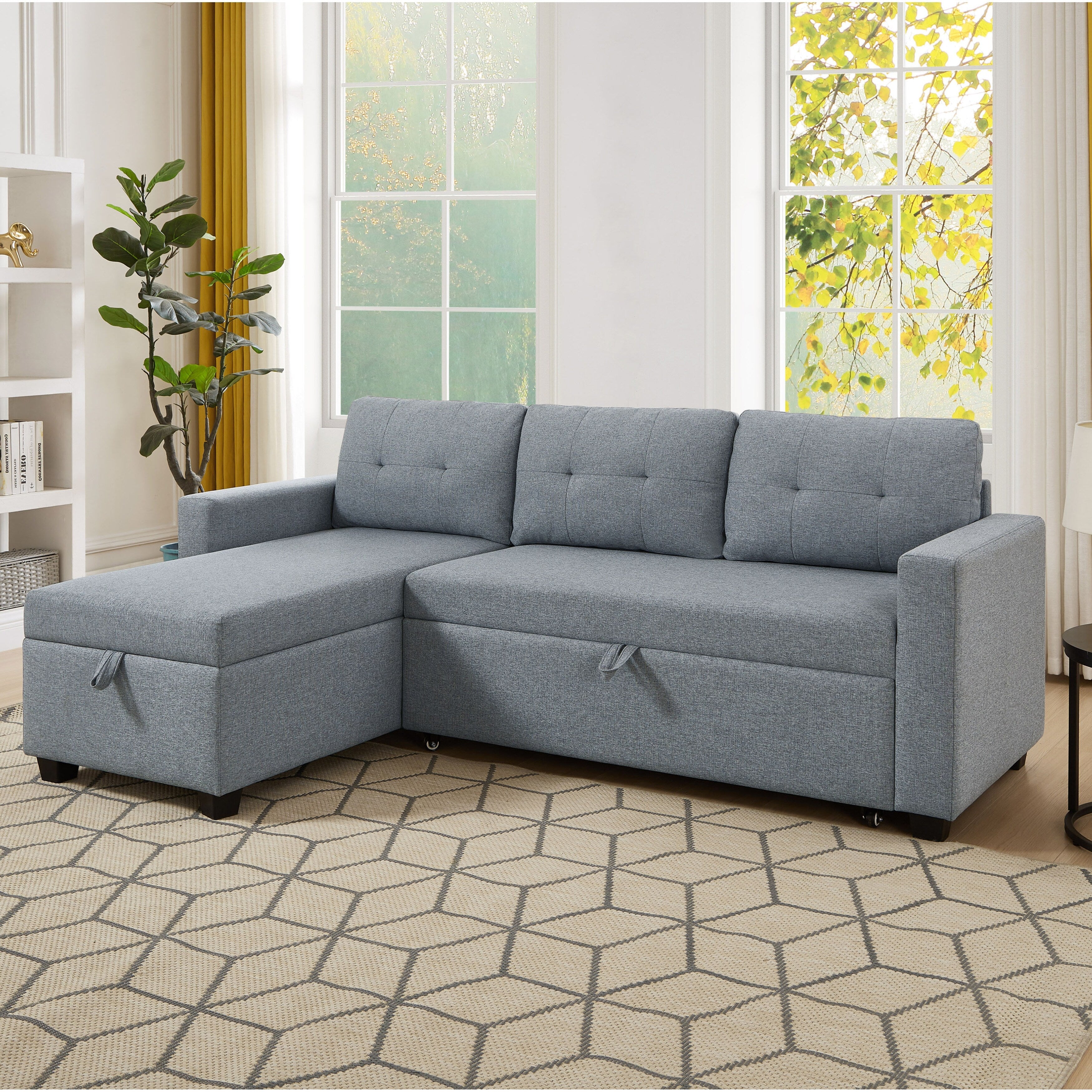 Canapé-lit convertible en lin gris de 81,5 po avec méridienne de rangement réversible