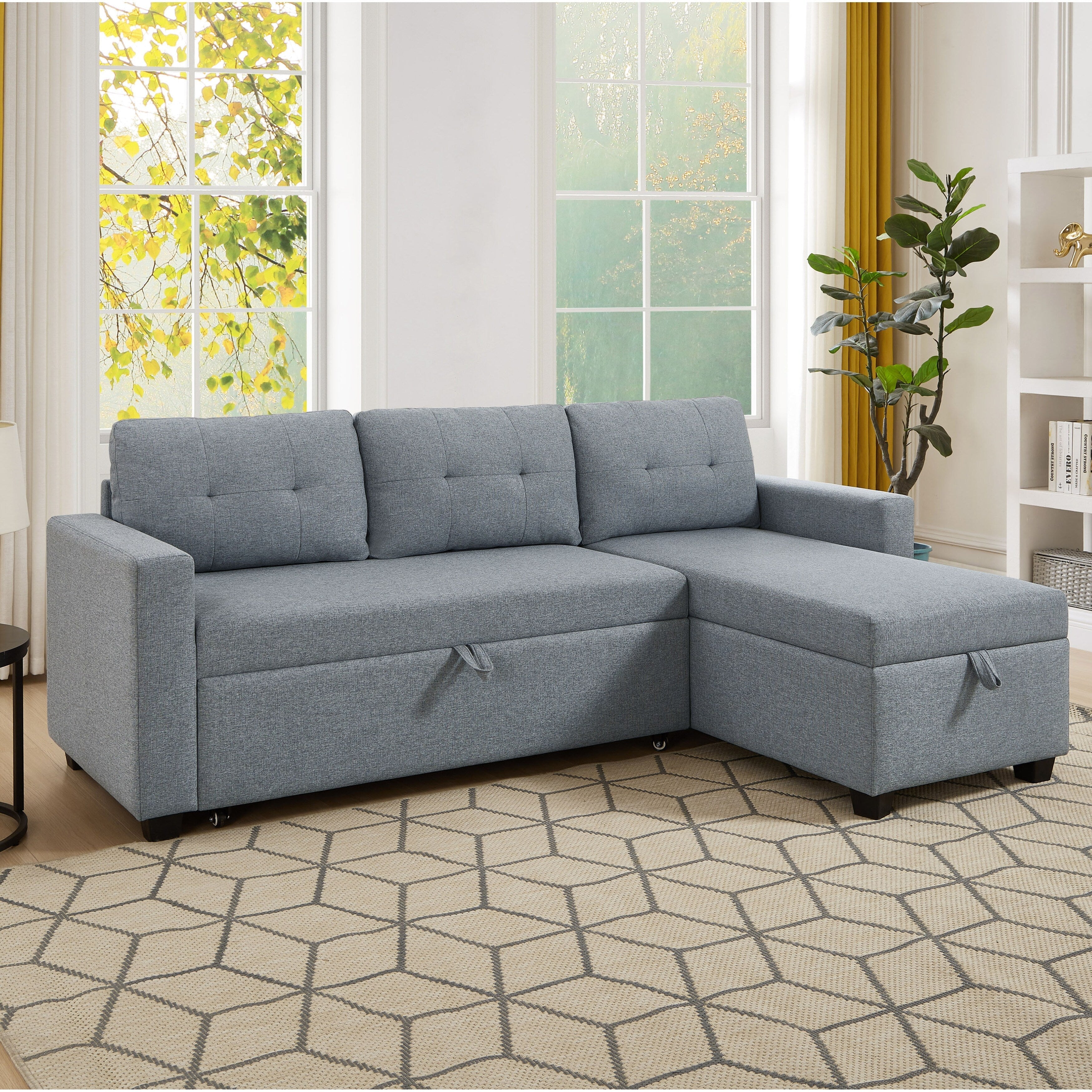 Canapé-lit convertible en lin gris de 81,5 po avec méridienne de rangement réversible