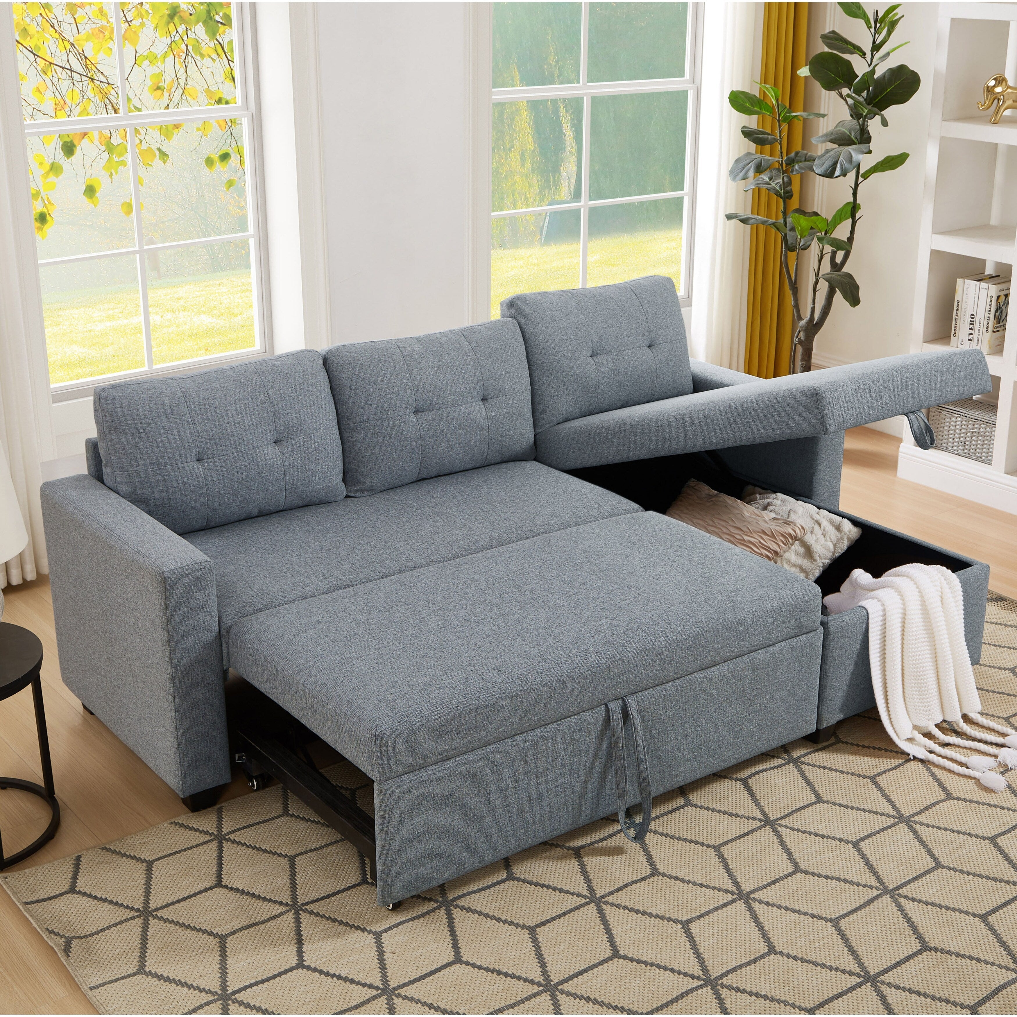 Canapé-lit convertible en lin gris de 81,5 po avec méridienne de rangement réversible