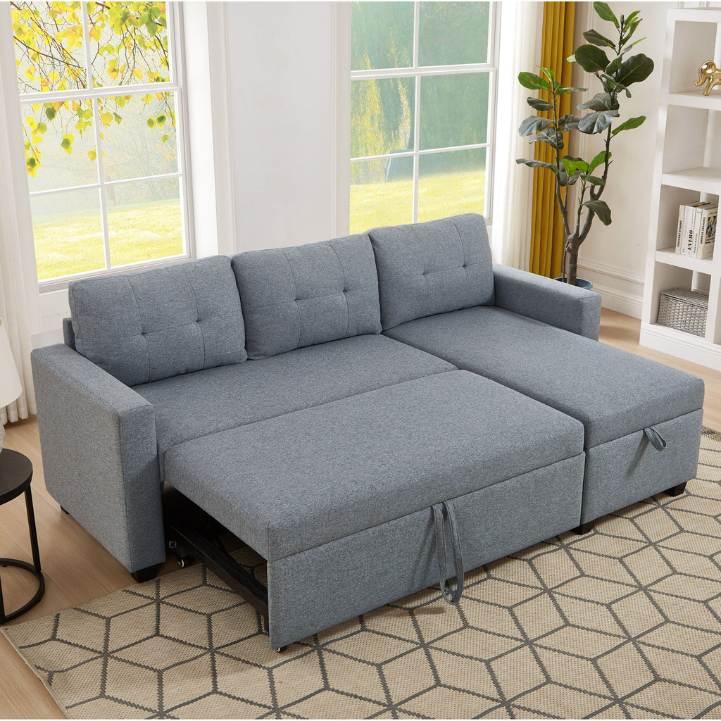 Canapé-lit convertible en lin gris de 81,5 po avec méridienne de rangement réversible