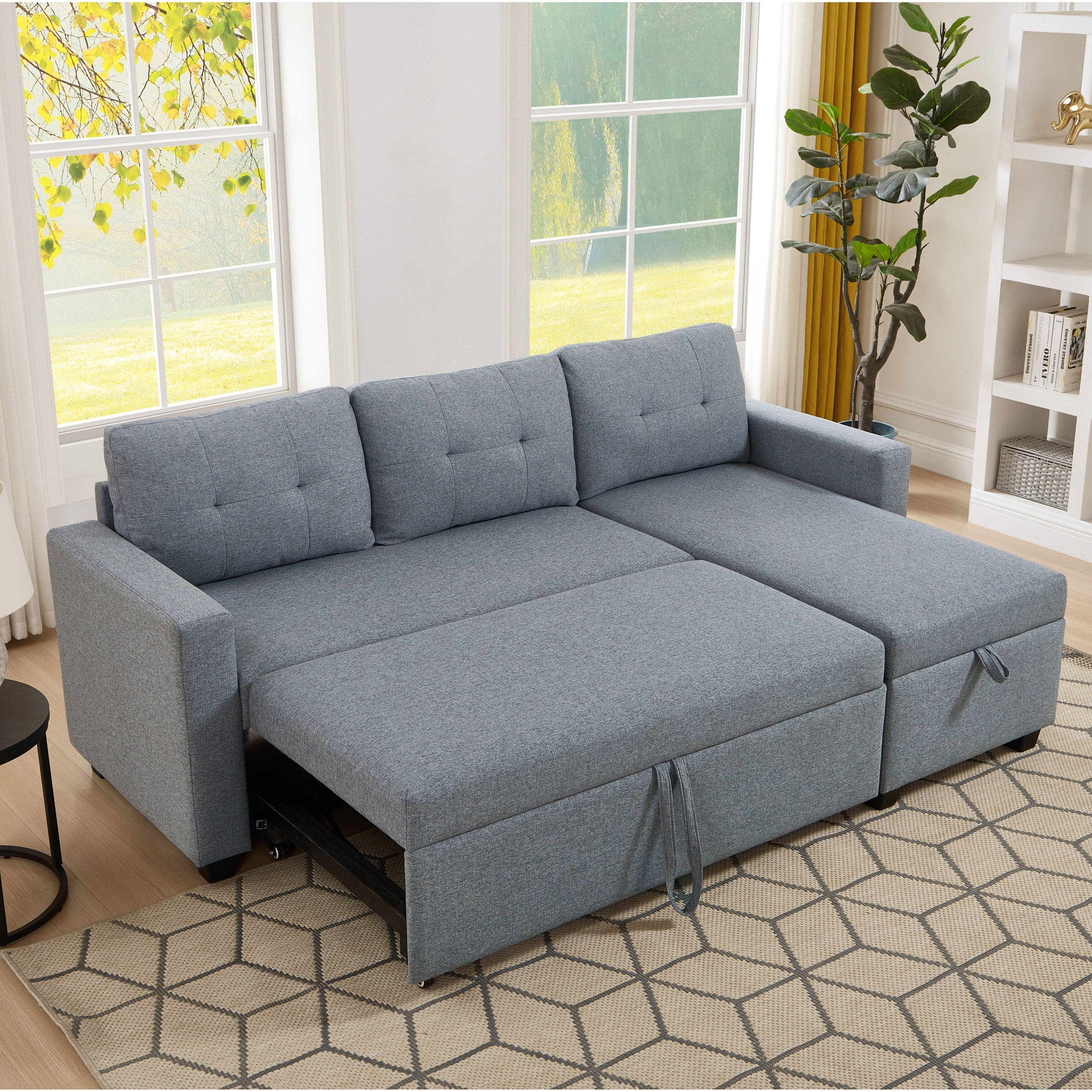 Canapé-lit convertible en lin gris de 81,5 po avec méridienne de rangement réversible