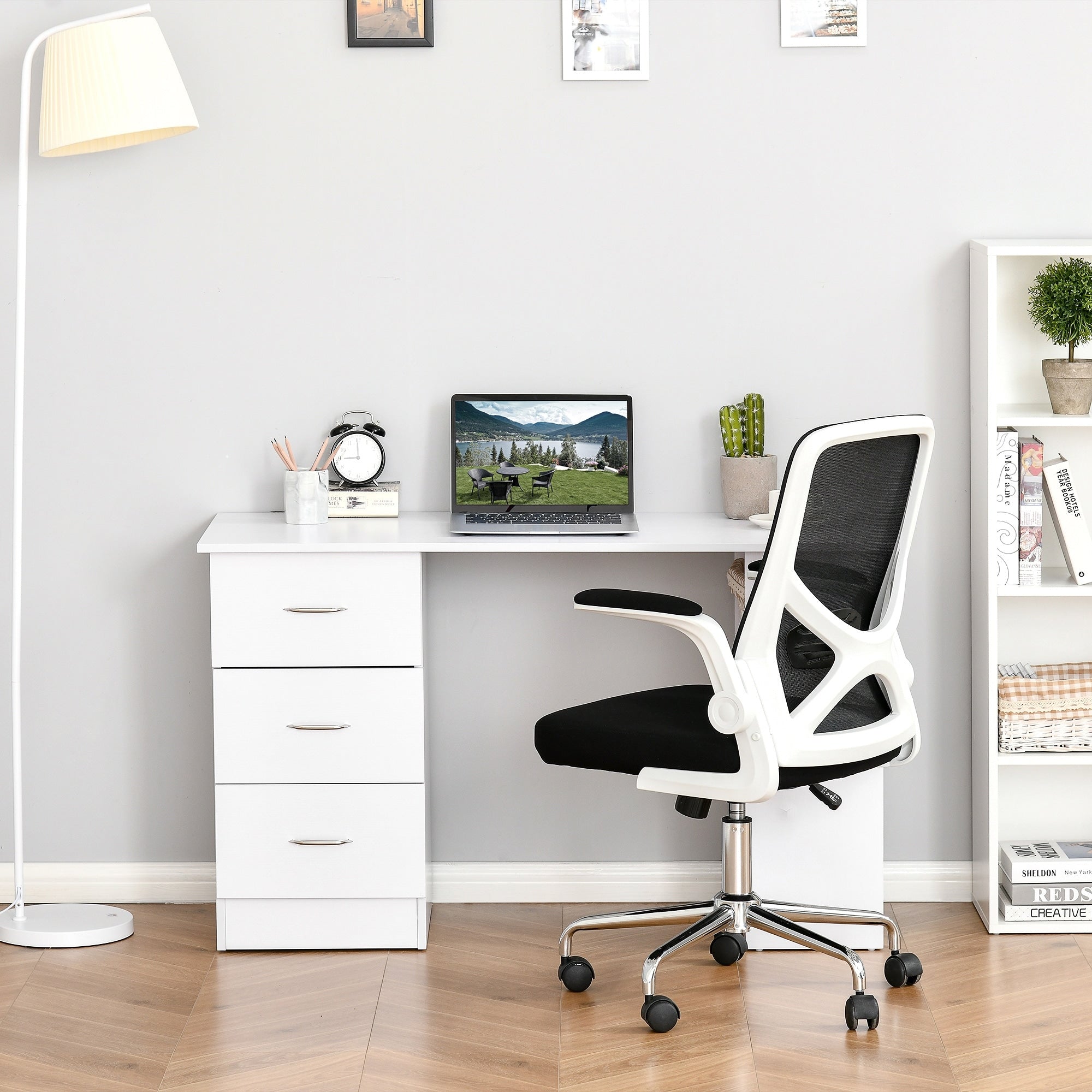 Bureau d'ordinateur moderne HOMCOM 47, bibliothèque, table d'écriture, poste de travail avec 3 tiroirs et étagère de rangement - Blanc