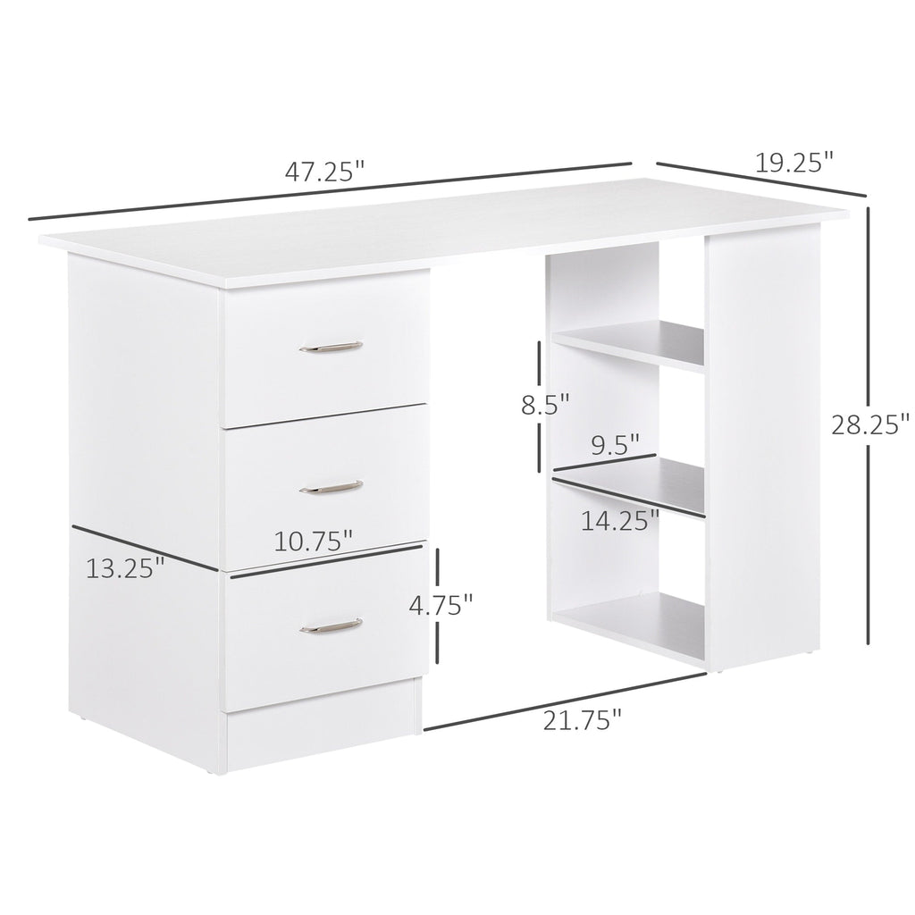 Bureau d'ordinateur moderne HOMCOM 47, bibliothèque, table d'écriture, poste de travail avec 3 tiroirs et étagère de rangement - Blanc