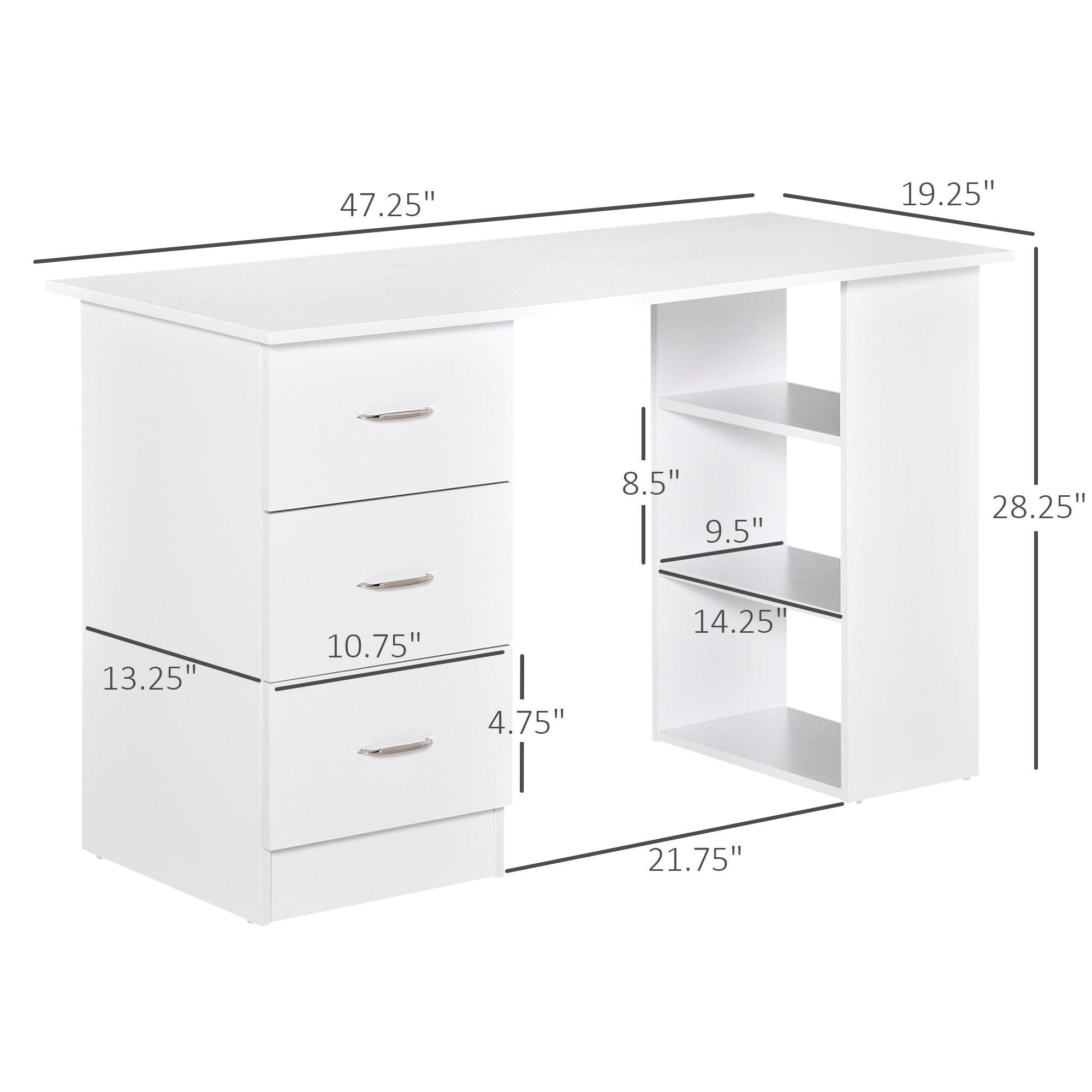 Bureau d'ordinateur moderne HOMCOM 47, bibliothèque, table d'écriture, poste de travail avec 3 tiroirs et étagère de rangement - Blanc