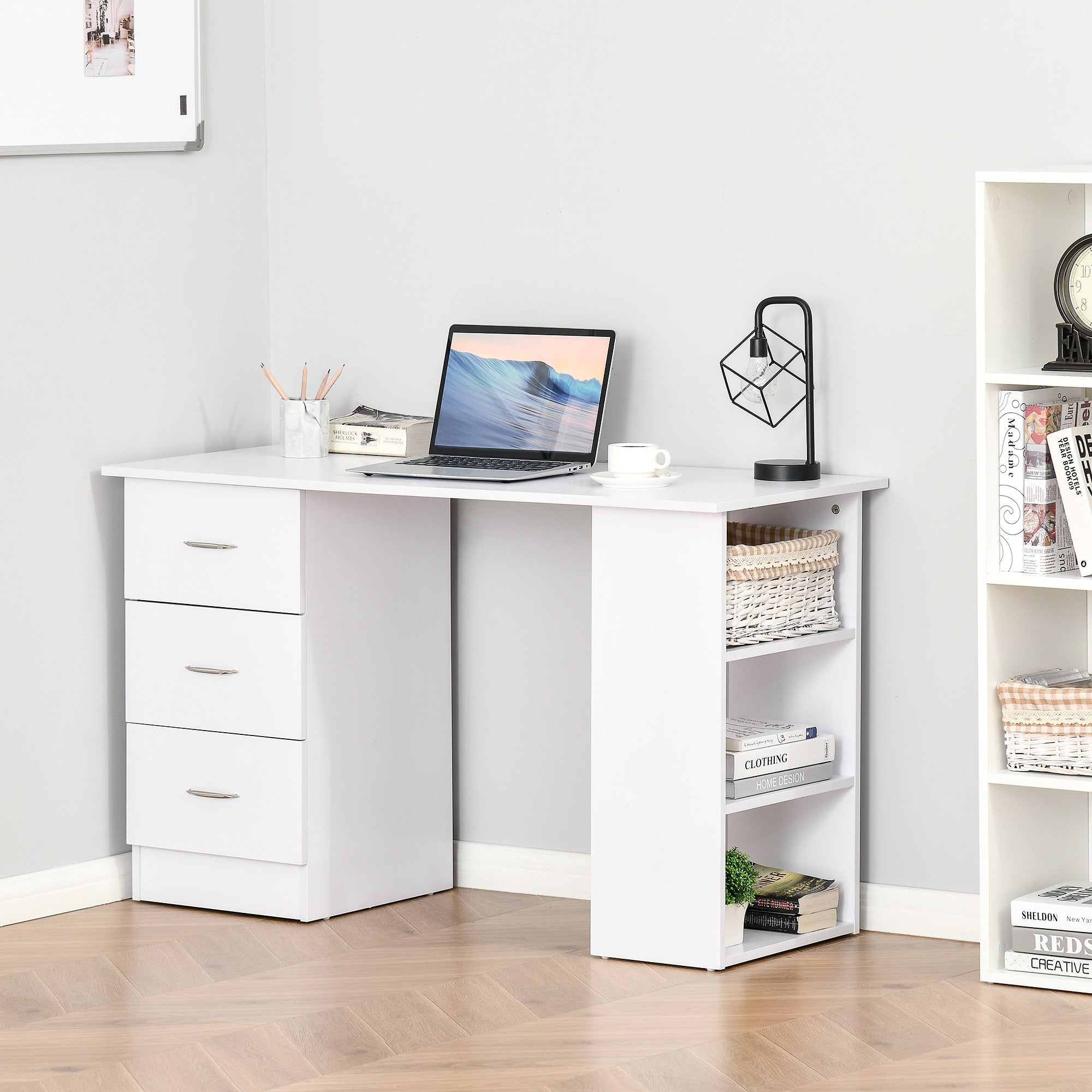 Bureau d'ordinateur moderne HOMCOM 47, bibliothèque, table d'écriture, poste de travail avec 3 tiroirs et étagère de rangement - Blanc