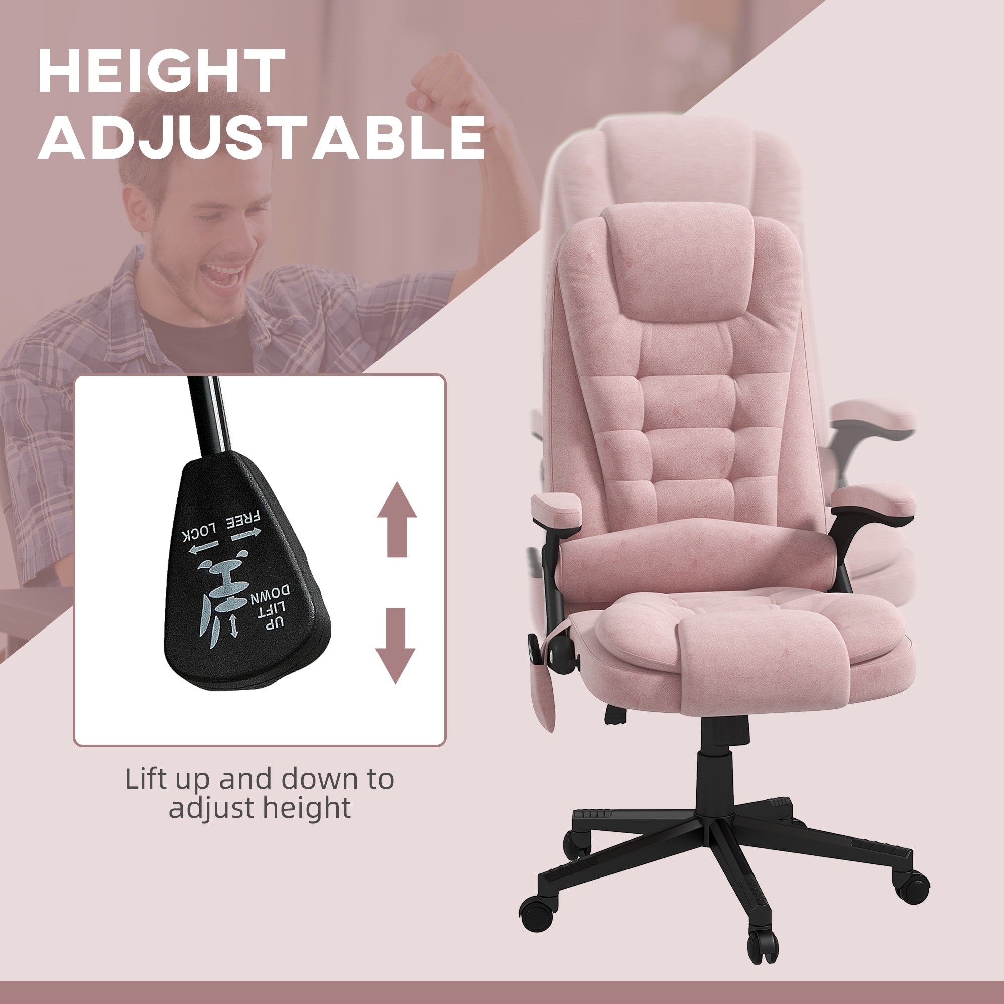 Fauteuil de bureau HOMCOM à 6 points de massage vibrant et chauffant, dossier haut en velours avec dossier inclinable