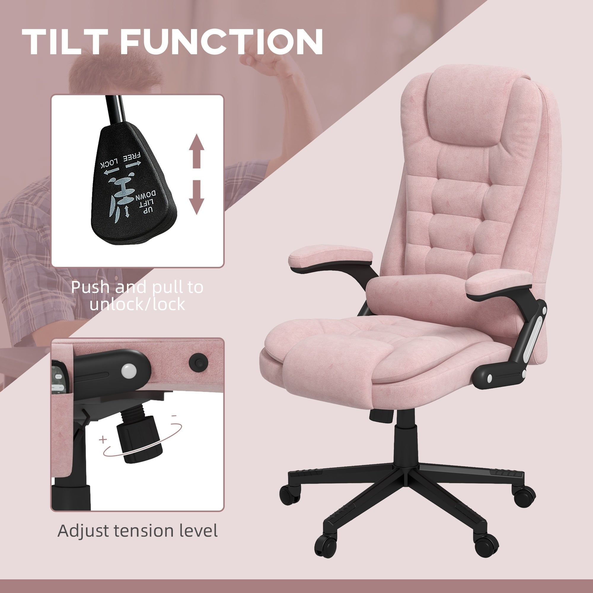 Fauteuil de bureau HOMCOM à 6 points de massage vibrant et chauffant, dossier haut en velours avec dossier inclinable