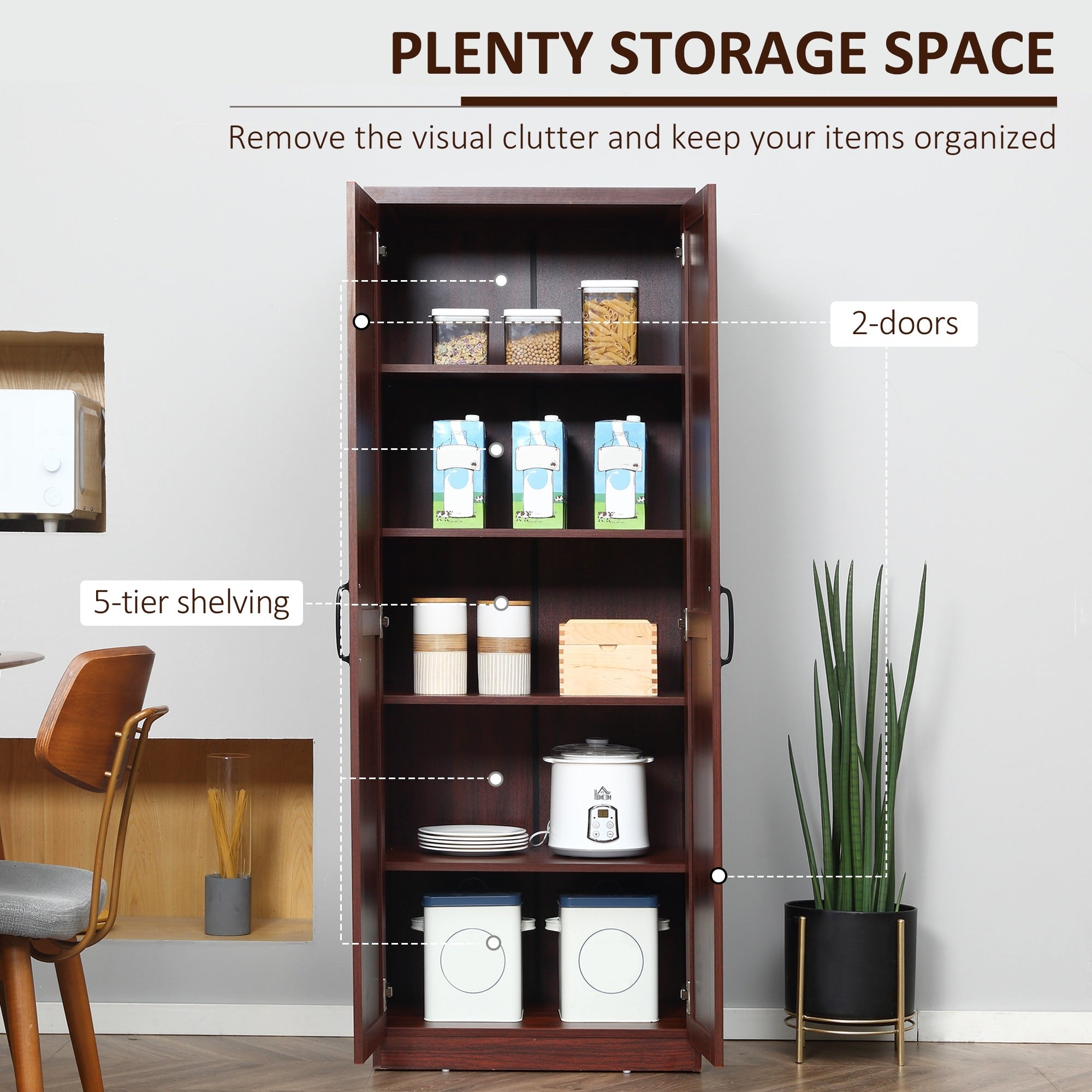 HOMCOM 63 Garde-manger de cuisine 2 portes, meuble de rangement indépendant avec étagères à 5 niveaux et 2 étagères réglables pour salle à manger