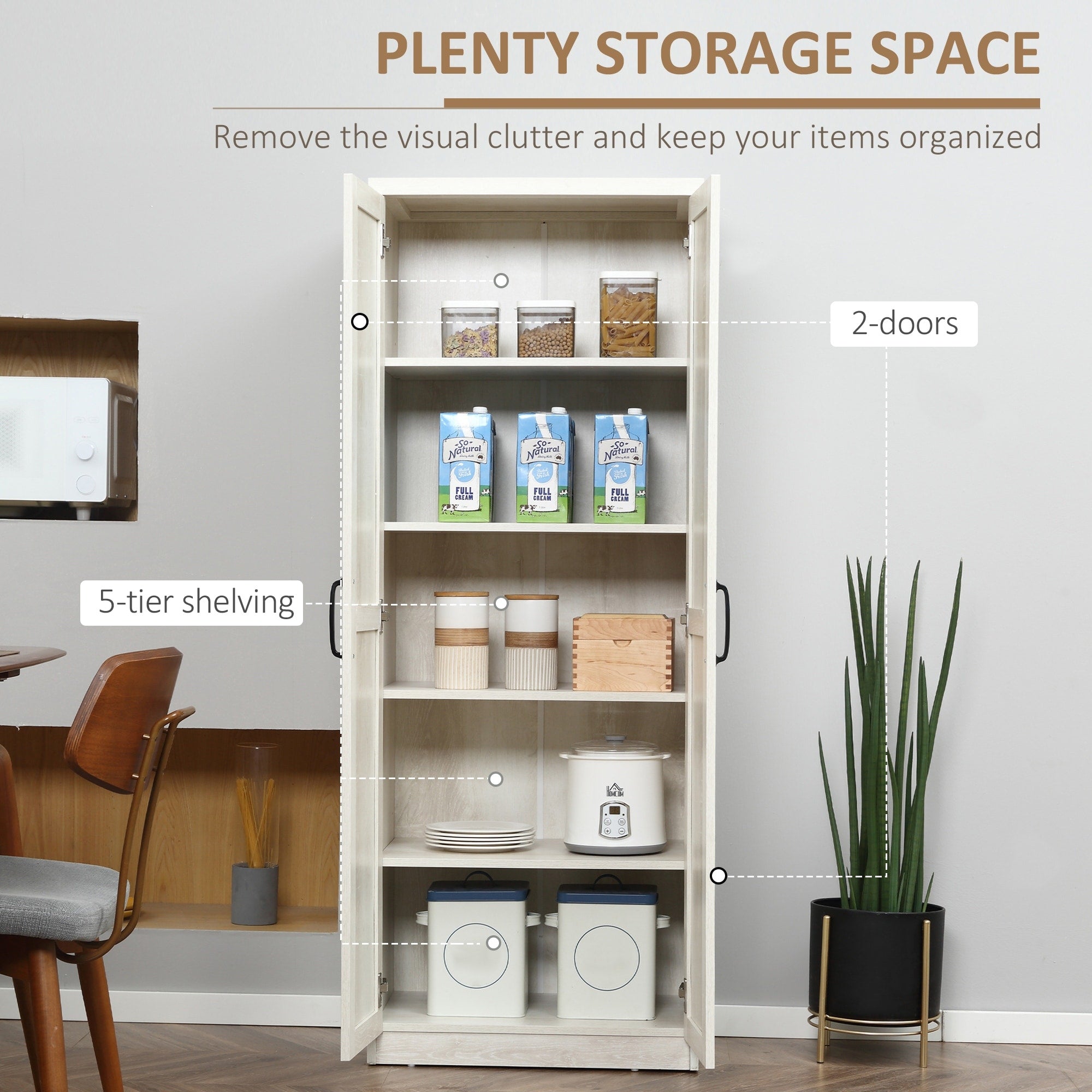 HOMCOM 63 Garde-manger de cuisine 2 portes, meuble de rangement indépendant avec étagères à 5 niveaux et 2 étagères réglables pour salle à manger