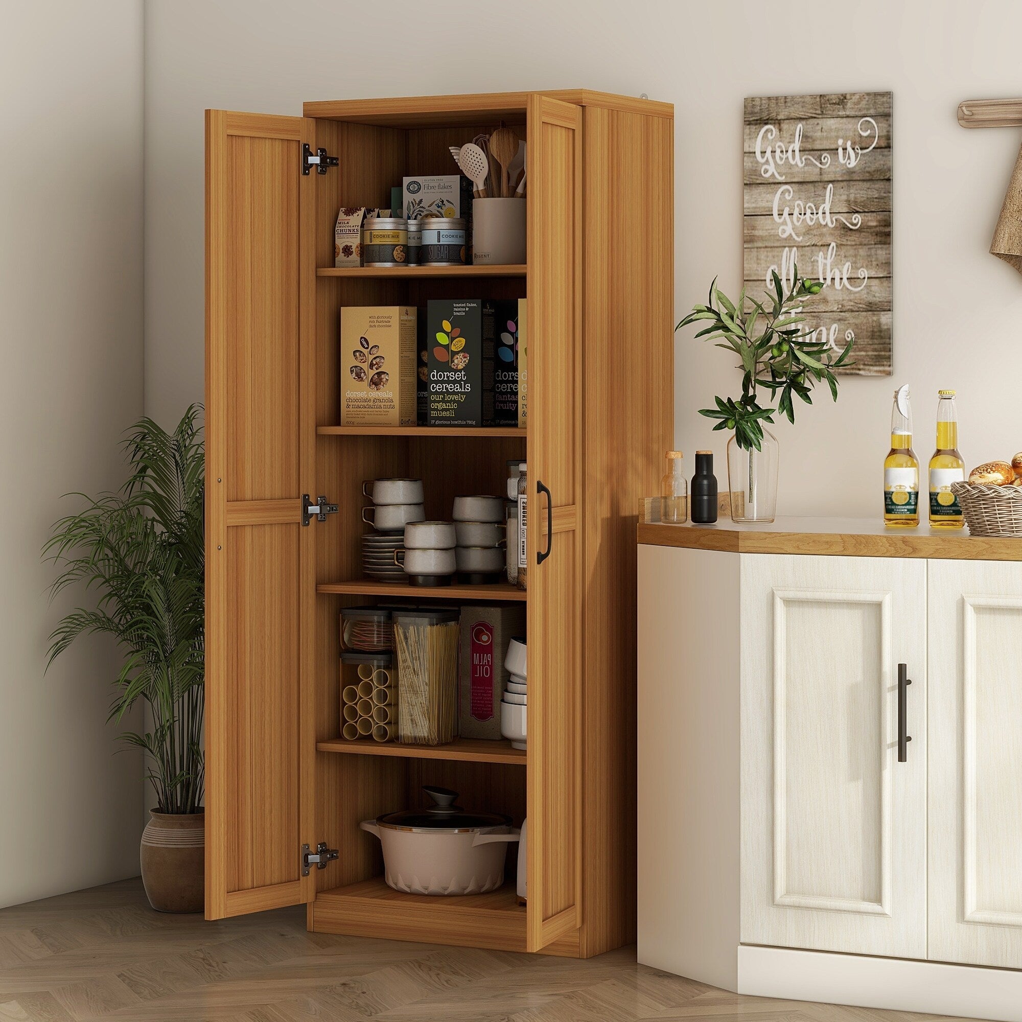 HOMCOM 63 Garde-manger de cuisine 2 portes, meuble de rangement indépendant avec étagères à 5 niveaux et 2 étagères réglables pour salle à manger