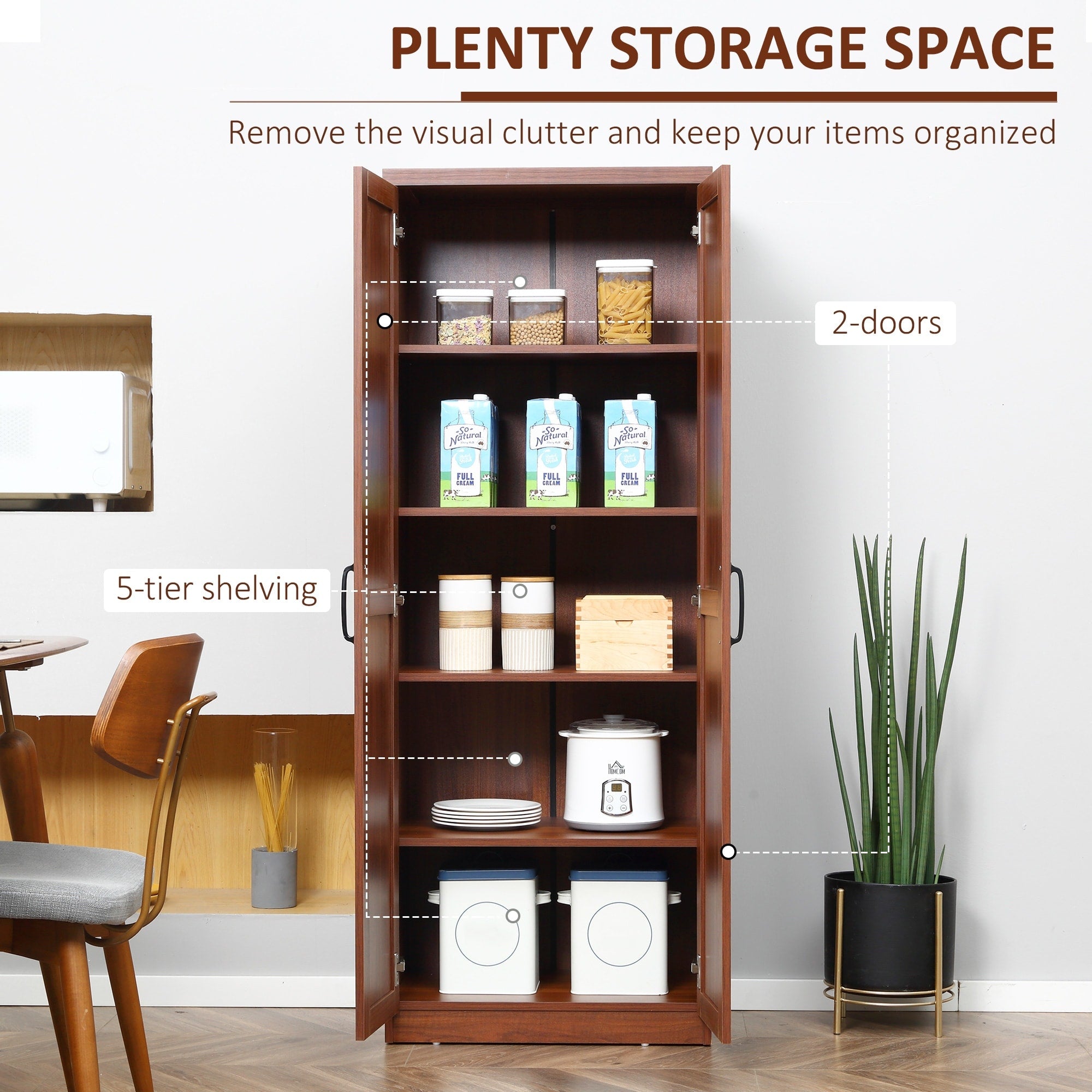HOMCOM 63 Garde-manger de cuisine 2 portes, meuble de rangement indépendant avec étagères à 5 niveaux et 2 étagères réglables pour salle à manger