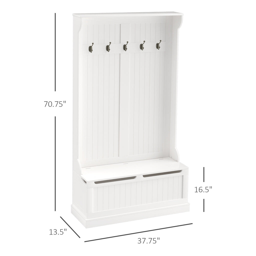Banc de rangement et porte-manteau 3 en 1 HOMCOM 71 avec 5 crochets doubles en acier et ancrage anti-basculement pour l'entrée
