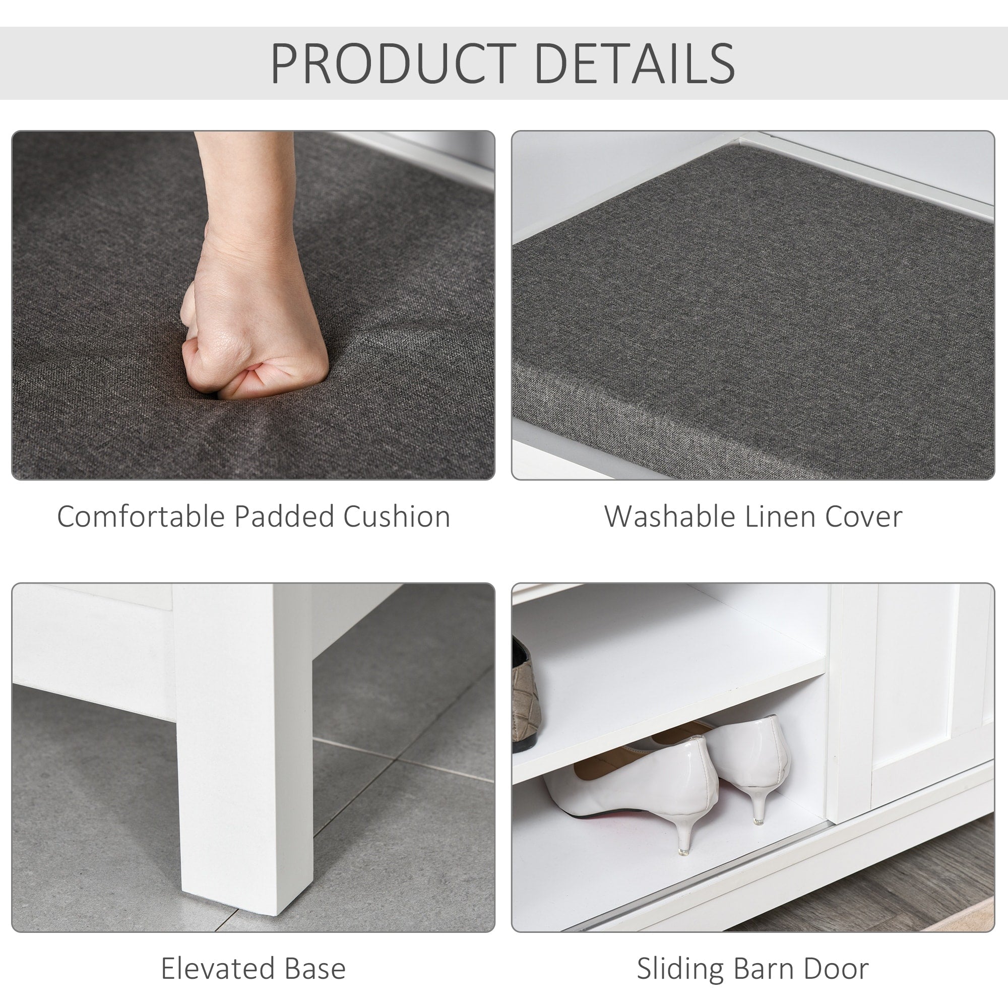 Banc à chaussures d'entrée HOMCOM avec rangement ottoman et étagères réglables, 6 compartiments et assise rembourrée, blanc/gris