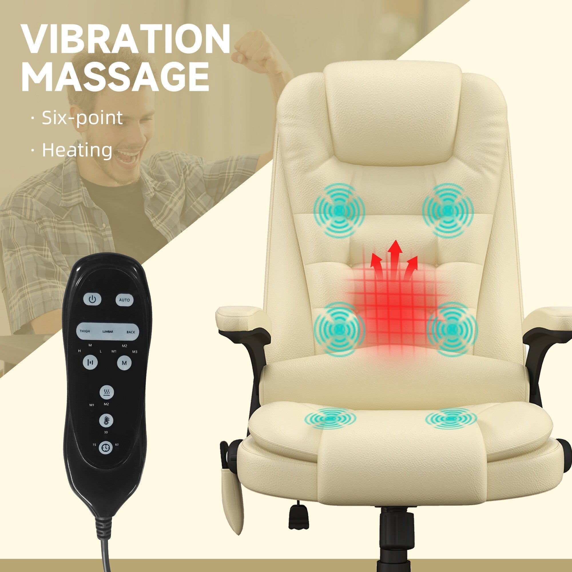 Fauteuil de bureau massant et vibrant HOMCOM à dossier haut avec 6 points de vibration, beige
