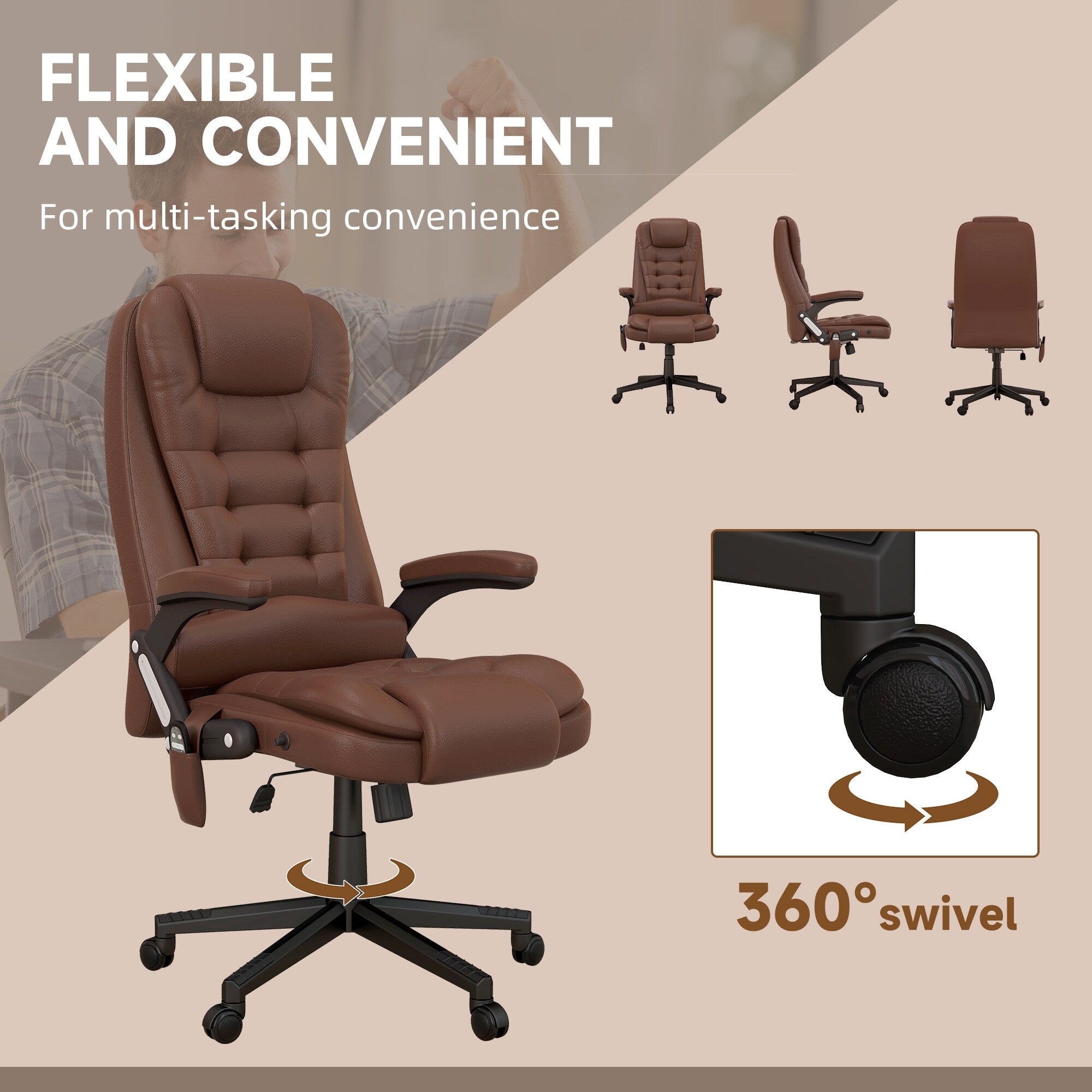 Fauteuil de bureau massant et vibrant HOMCOM à dossier haut avec 6 points de vibration, beige