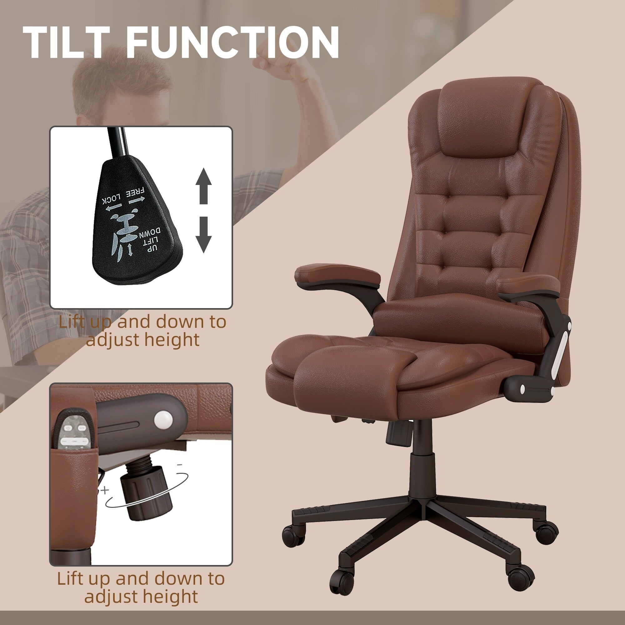 Fauteuil de bureau massant et vibrant HOMCOM à dossier haut avec 6 points de vibration, beige