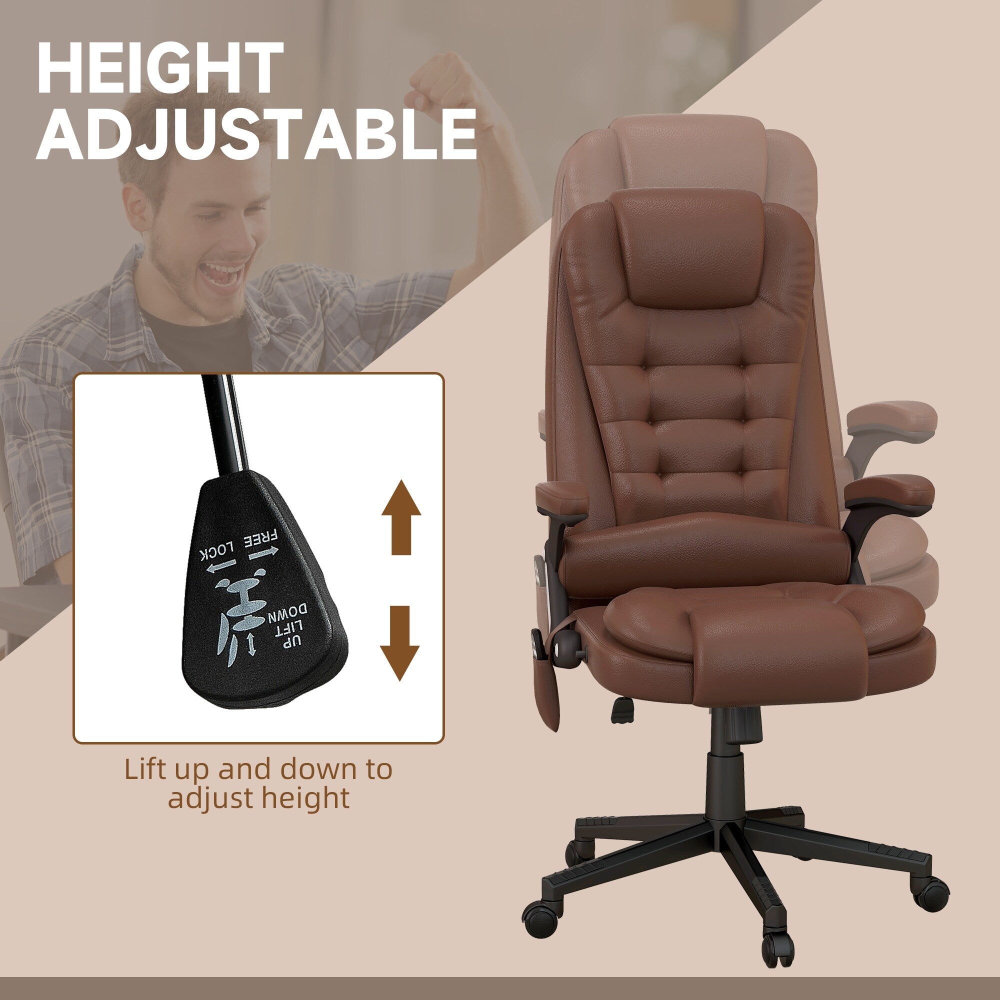 Fauteuil de bureau massant et vibrant HOMCOM à dossier haut avec 6 points de vibration, beige