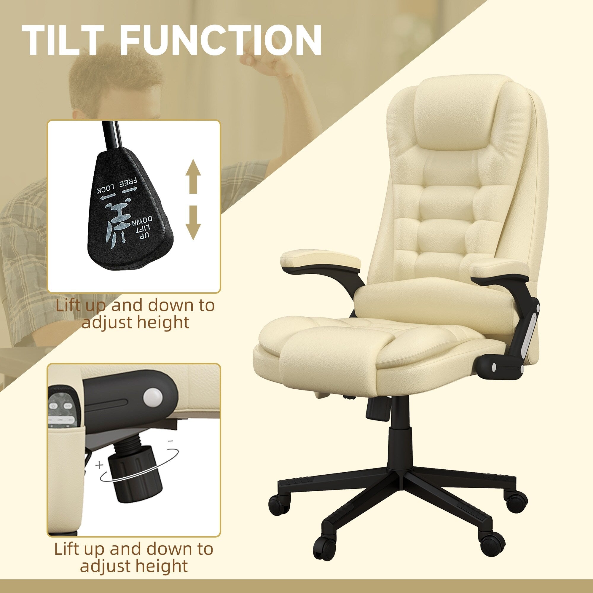 Fauteuil de bureau massant et vibrant HOMCOM à dossier haut avec 6 points de vibration, beige
