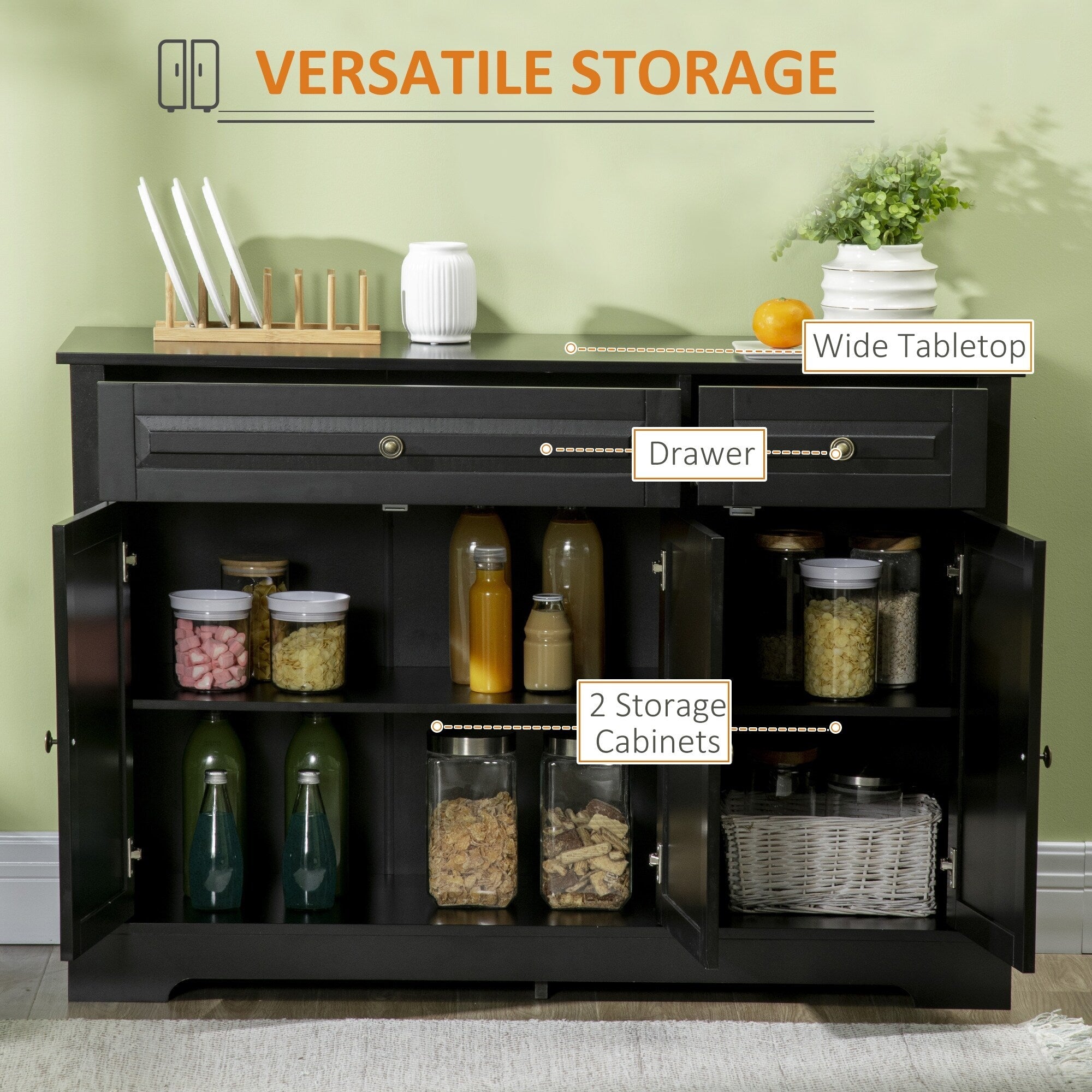 Buffet moderne HOMCOM avec placards de rangement, 2 tiroirs et étagères réglables, noir