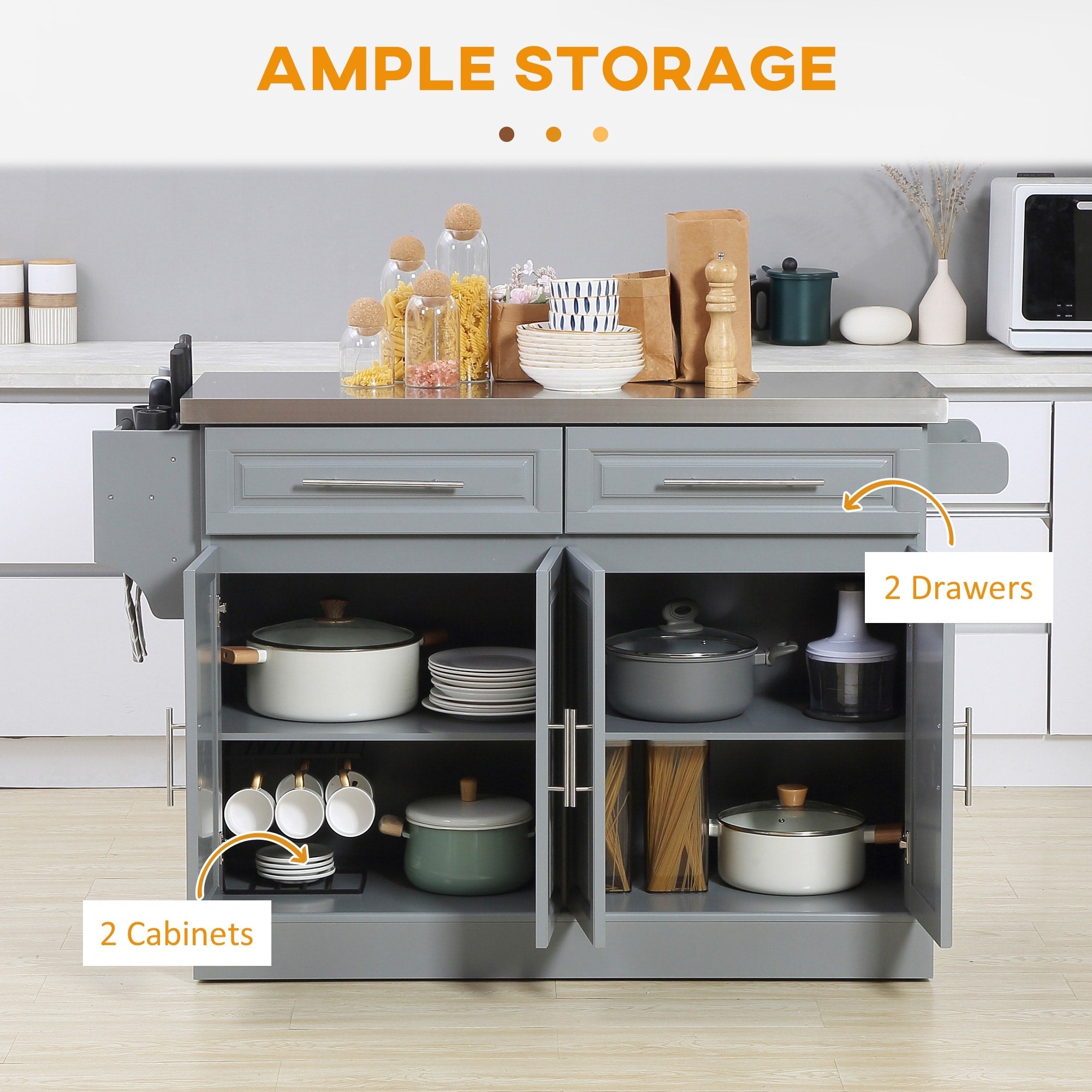 Îlot de cuisine roulant HOMCOM avec rangement, chariot de cuisine portable avec plateau en acier inoxydable, gris - N/A