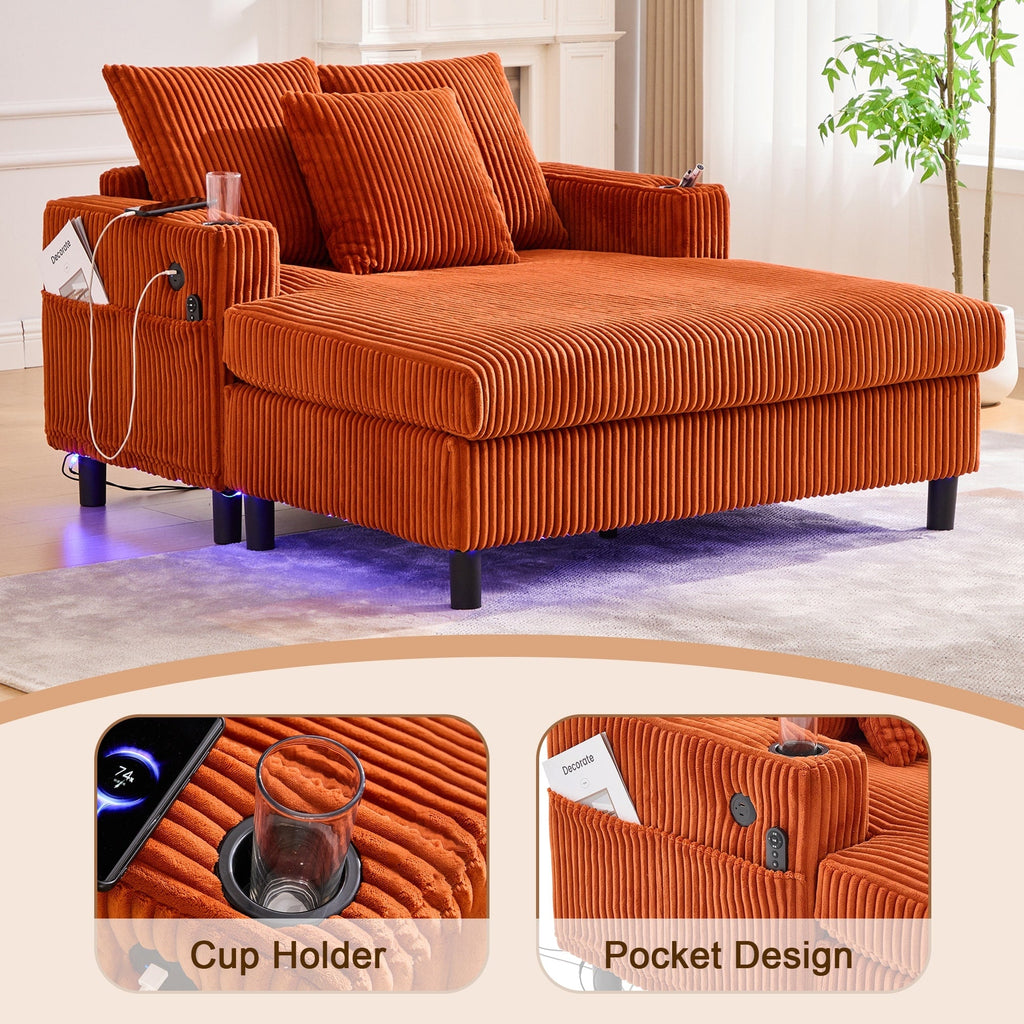 Canapé-lit inclinable surdimensionné HOMEFUN en velours côtelé avec éclairage LED RVB, porte-gobelet, port USB et 3 oreillers