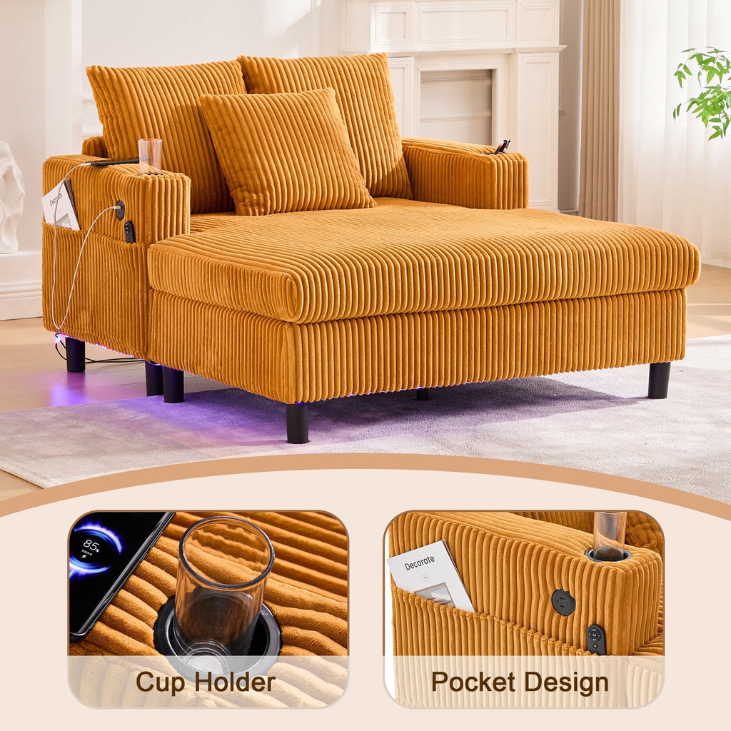 Canapé-lit inclinable surdimensionné HOMEFUN en velours côtelé avec éclairage LED RVB, porte-gobelet, port USB et 3 oreillers