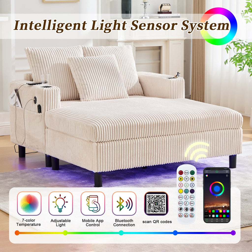 Canapé-lit inclinable surdimensionné HOMEFUN en velours côtelé avec éclairage LED RVB, porte-gobelet, port USB et 3 oreillers