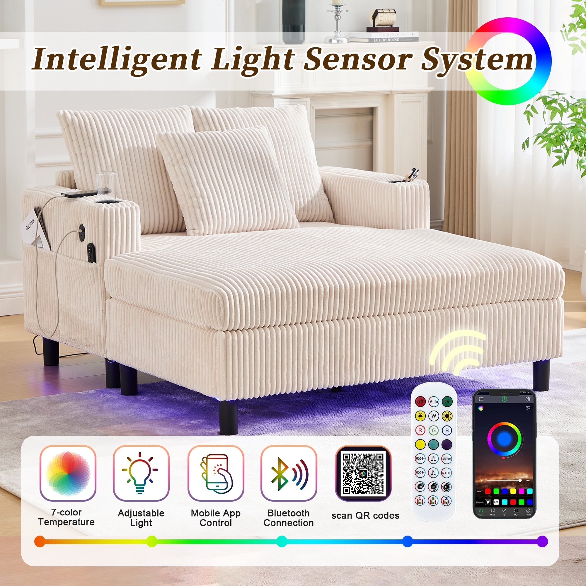 Canapé-lit inclinable surdimensionné HOMEFUN en velours côtelé avec éclairage LED RVB, porte-gobelet, port USB et 3 oreillers