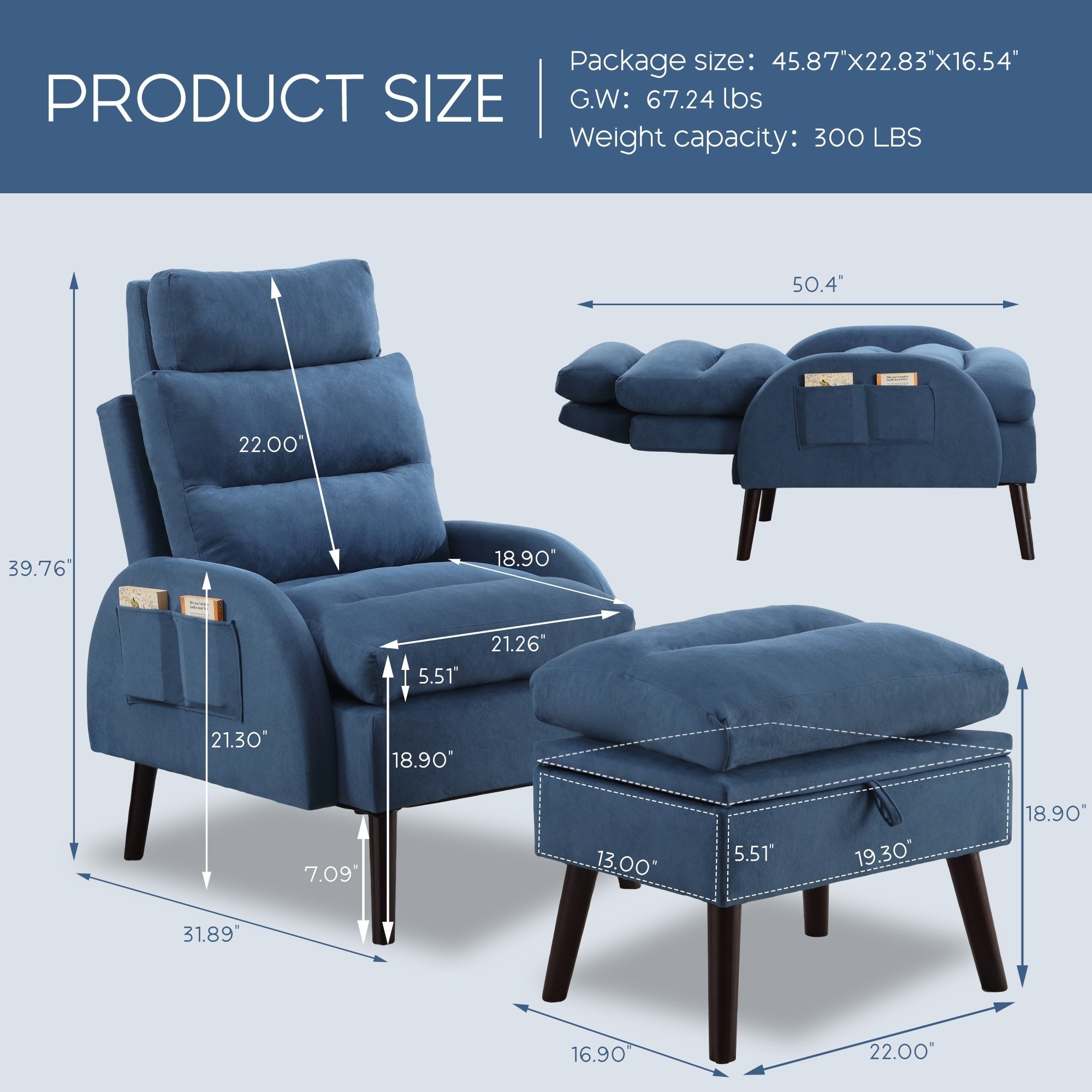 Fauteuil d'appoint HOMYKA avec dossier réglable et pouf de rangement
