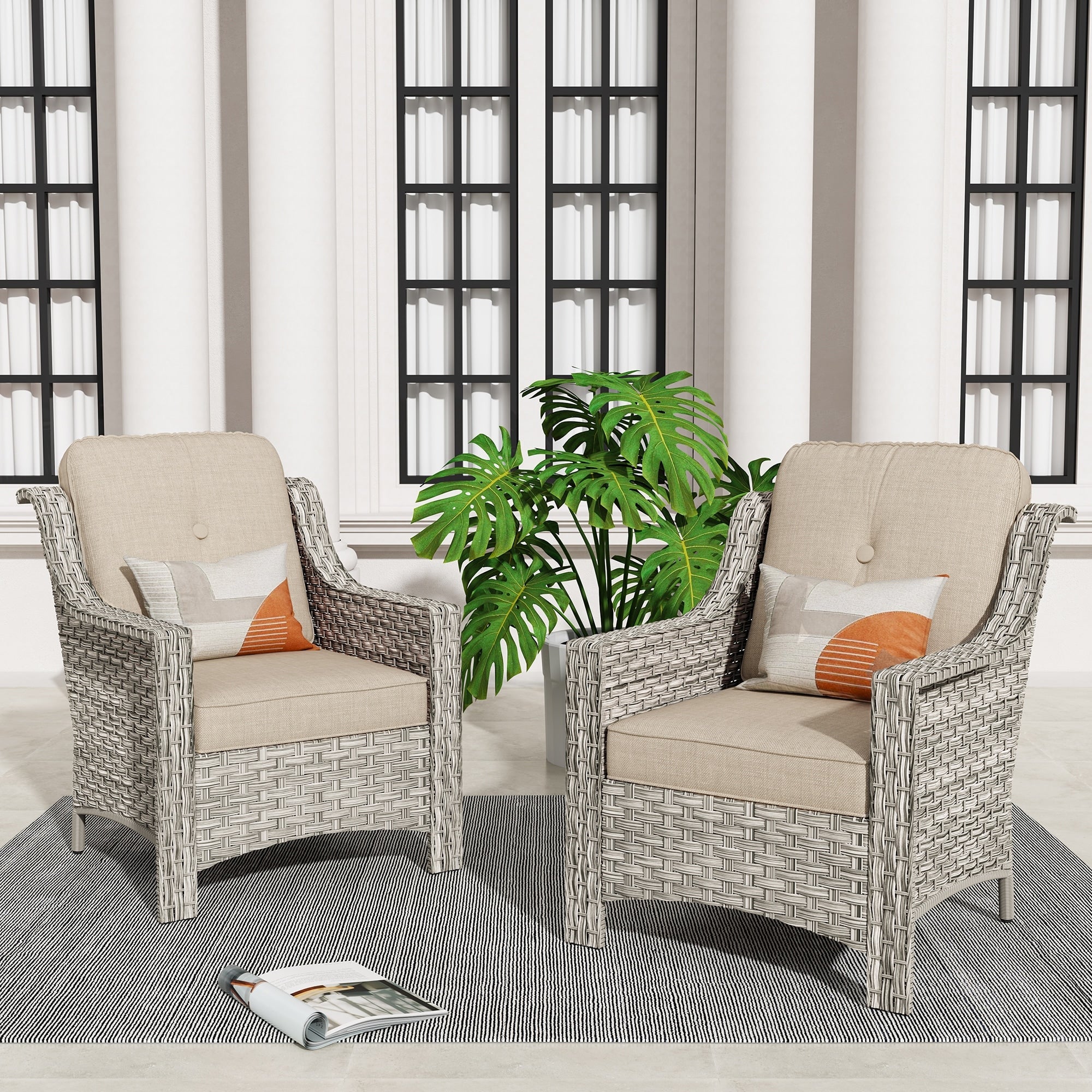 Ensemble de 2 chaises de patio d'extérieur en rotin et osier à dossier haut HOOOWOOO