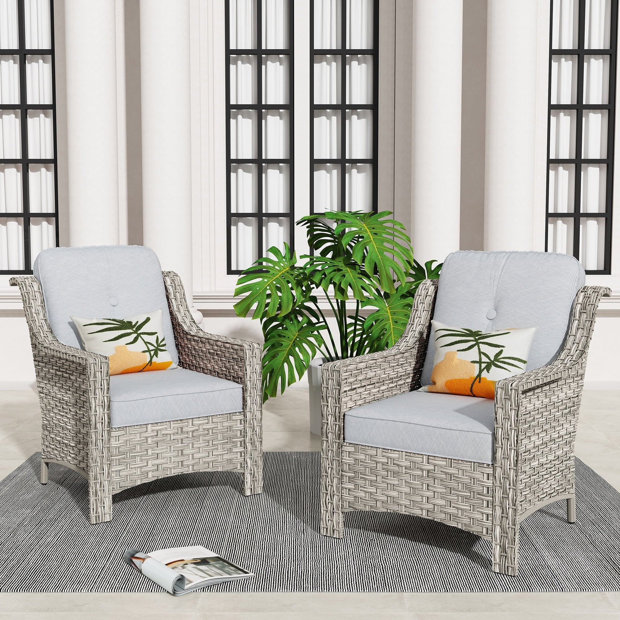 Ensemble de 2 chaises de patio d'extérieur en rotin et osier à dossier haut HOOOWOOO