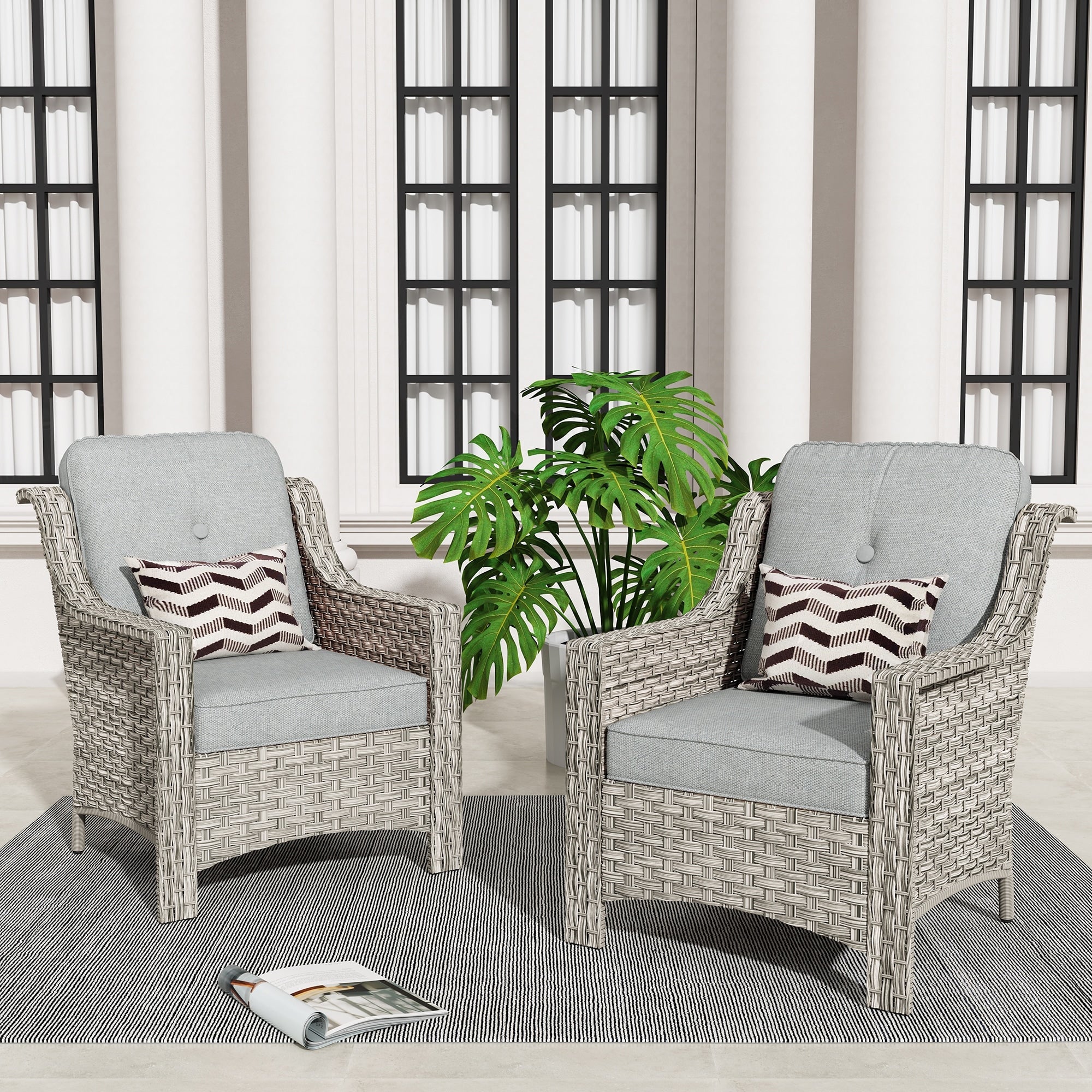 Ensemble de 2 chaises de patio d'extérieur en rotin et osier à dossier haut HOOOWOOO