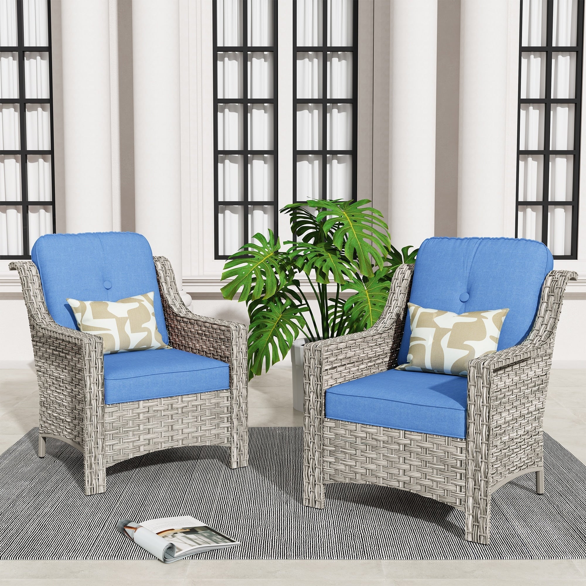 Ensemble de 2 chaises de patio d'extérieur en rotin et osier à dossier haut HOOOWOOO