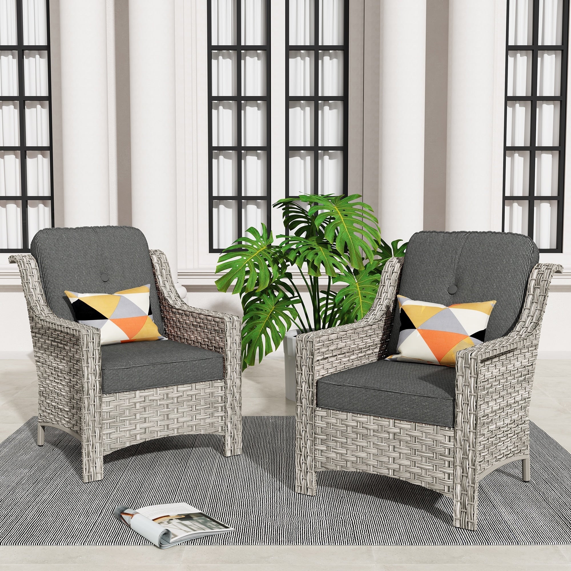 Ensemble de 2 chaises de patio d'extérieur en rotin et osier à dossier haut HOOOWOOO