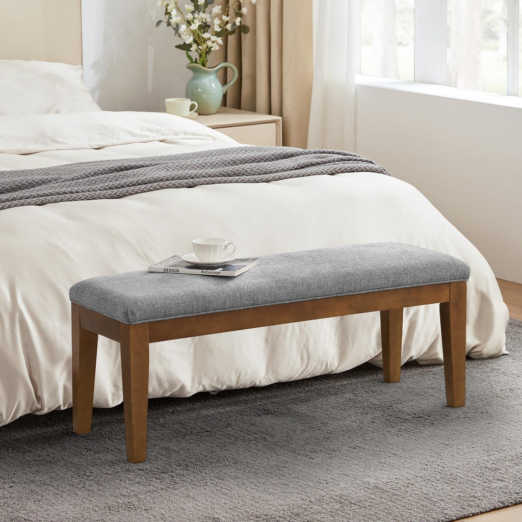 Banc d'entrée rembourré en tissu, banc de chambre pour bout de lit beige, bois massif 44 pouces