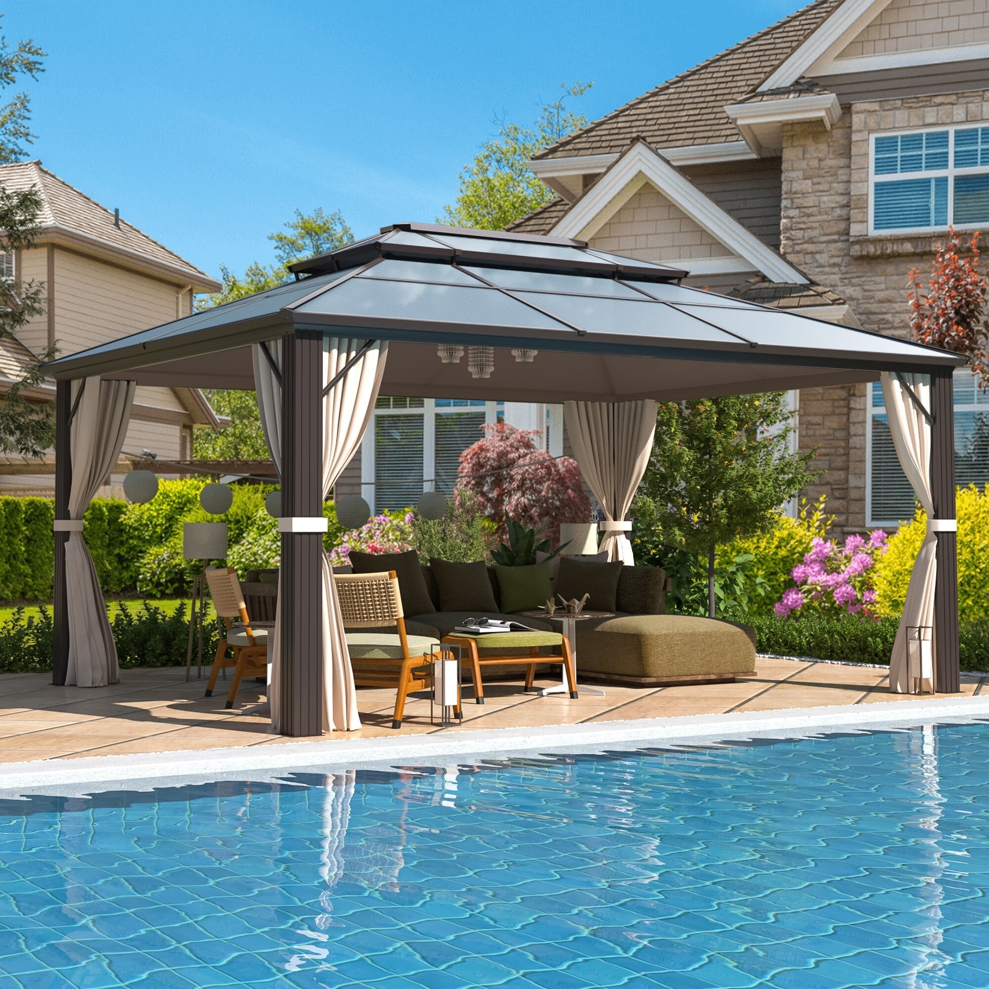 Tonnelle à toit rigide pour jardin – Pergola permanente avec filet, rideaux et double toit, abri extérieur toutes saisons